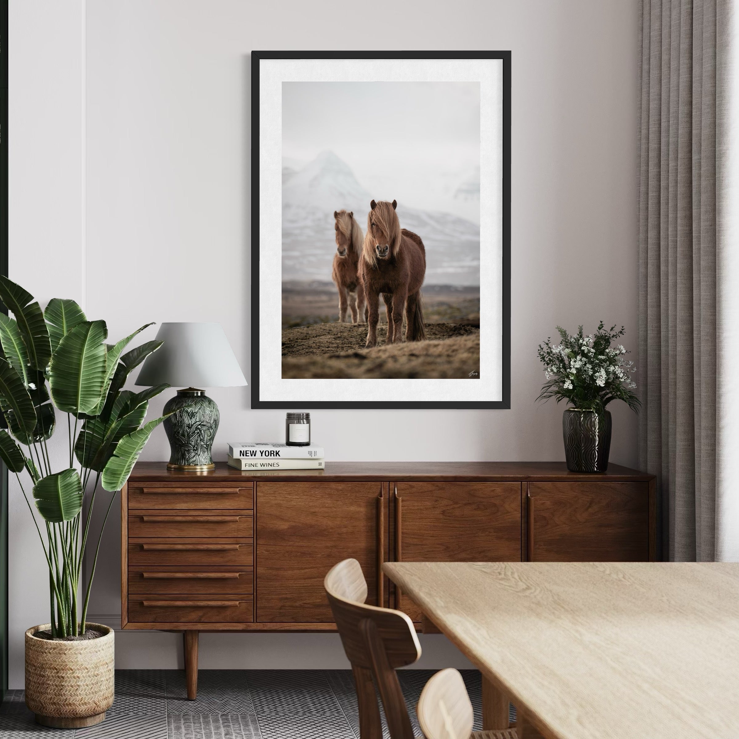 Beautiful modern framed print. Photography of two quiet horses in iceland.