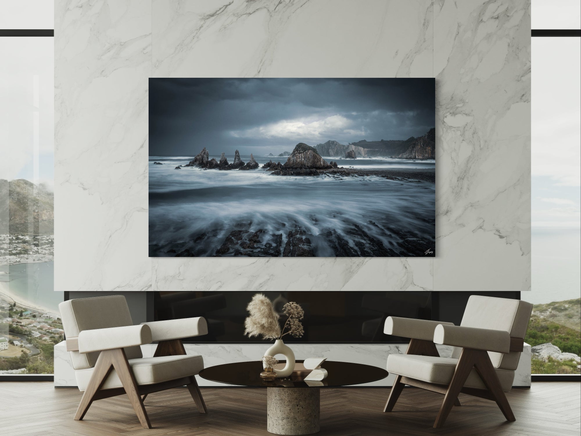 Coastal landscape photography in spain. Fine Art Print on a marble wall in a modern living room.
