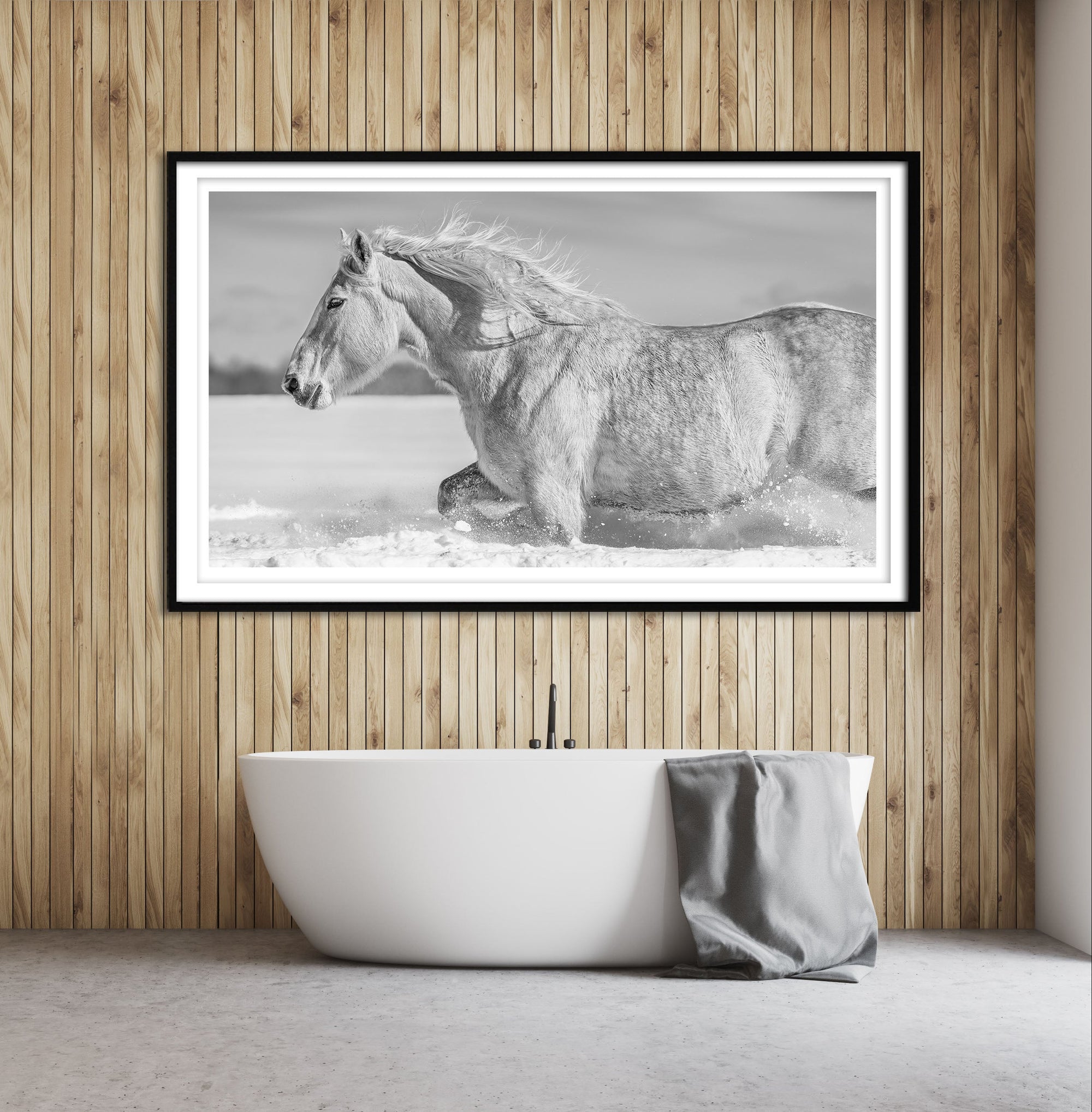 Limited edition photography framed and signed print of a white horse. Printed on the best fine art paper of the world.