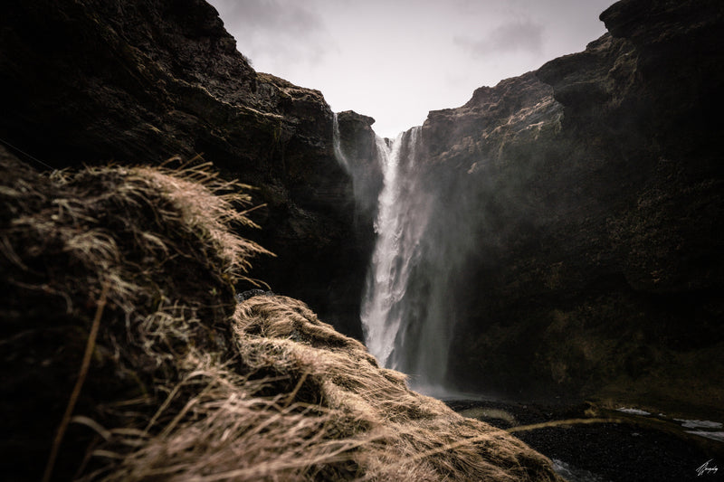 kvernufoss, Iceland waterfall in powerful motion fine art photography print dynamic water flow capturing raw energy and force