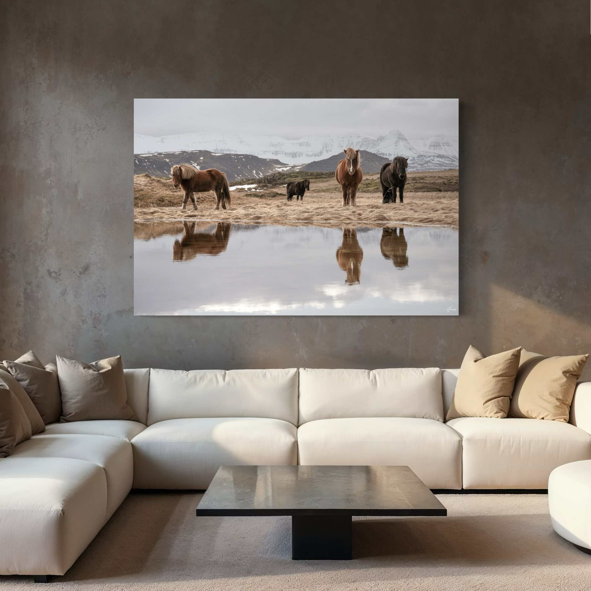 Stretched canvas of Four beautiful horses in iceland in front of a lake
