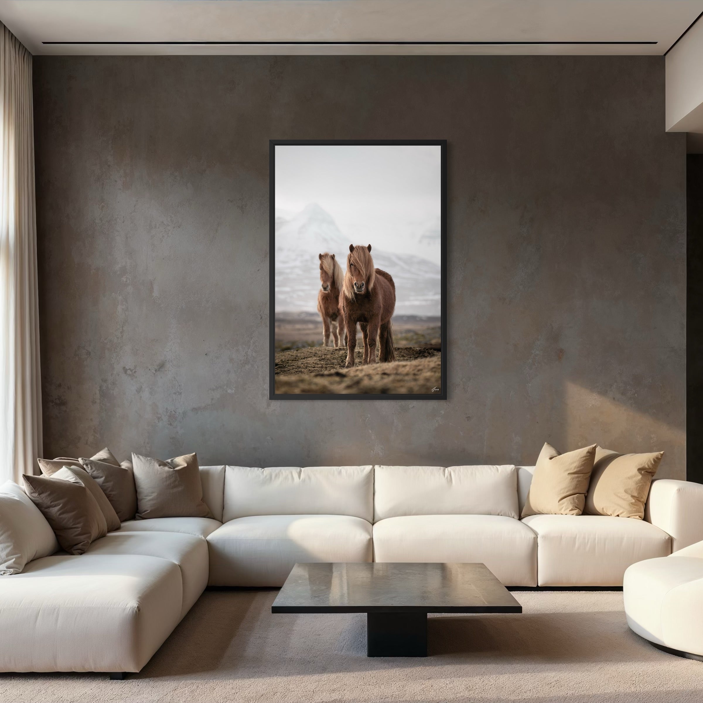 Two beautiful horses wall art on canvas. Modern black frame in a minimalist home decor