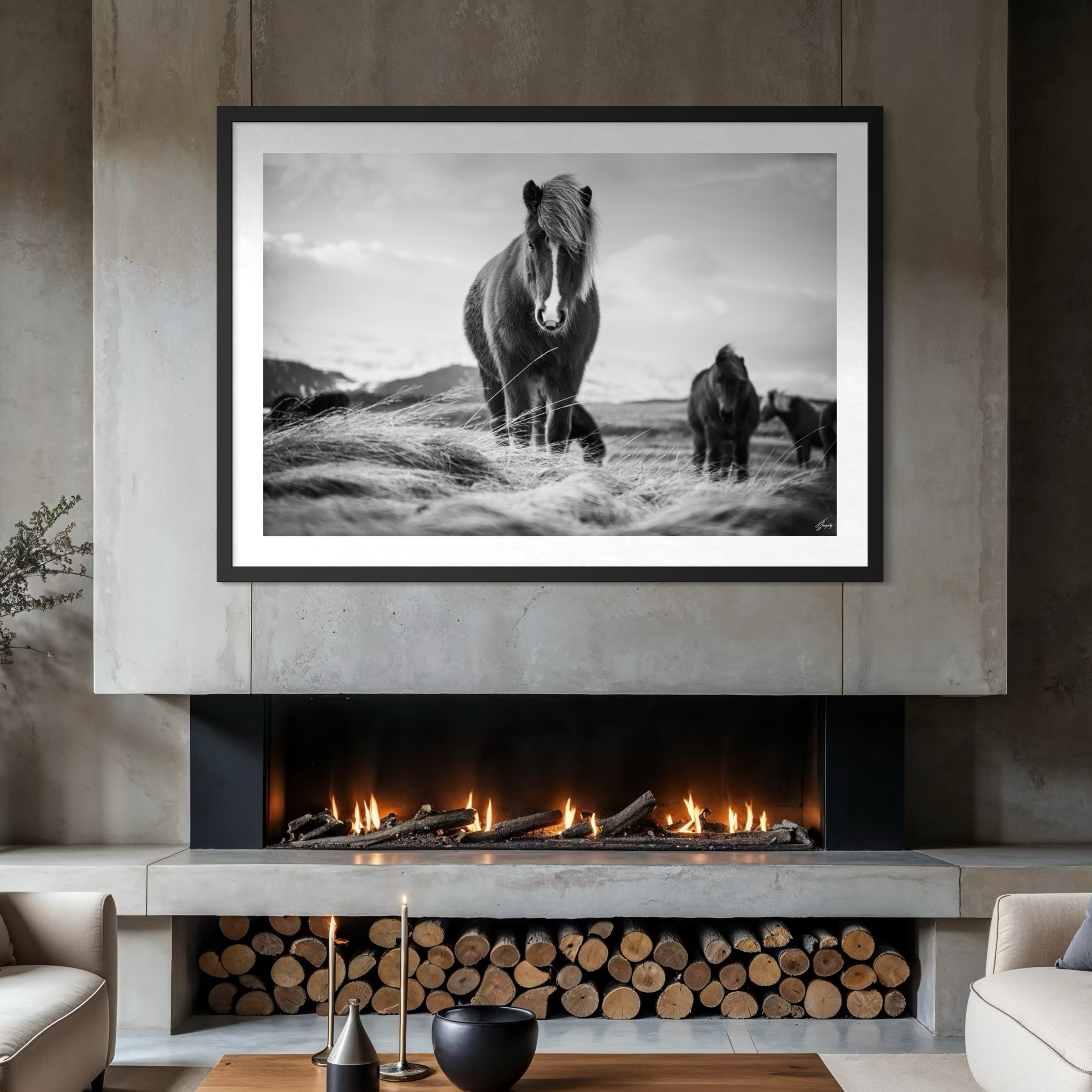 Bohemian wall art print Icelandic horses interaction relaxed composition ideal for boho and eclectic interior styling
