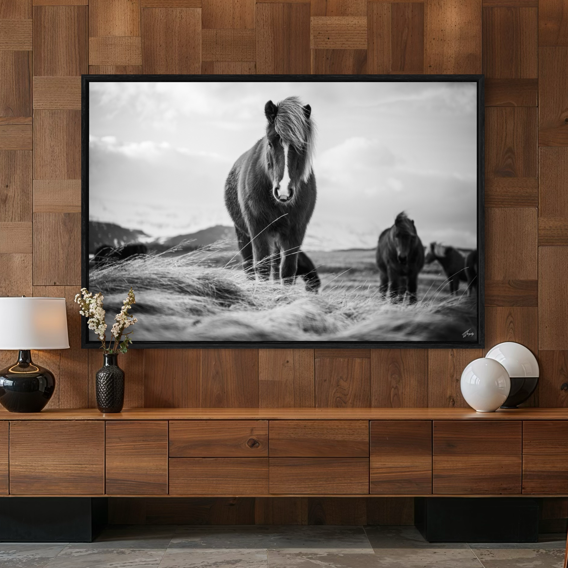 Horse wall art in rustic interior framed canvas print Iceland scene with natural tones warm and classic decor style