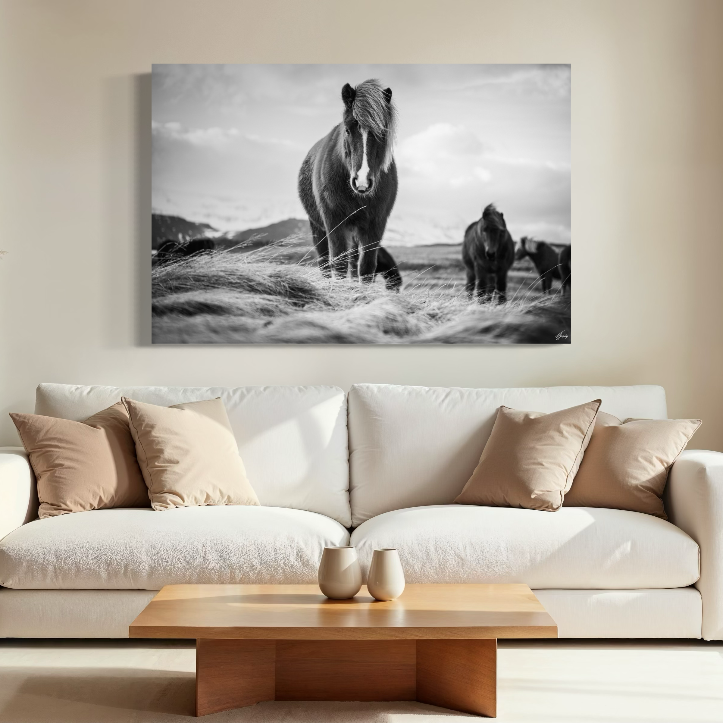 Iceland horses wall decor stretched canvas print earthy tones and natural textures perfect for grounded and organic interiors