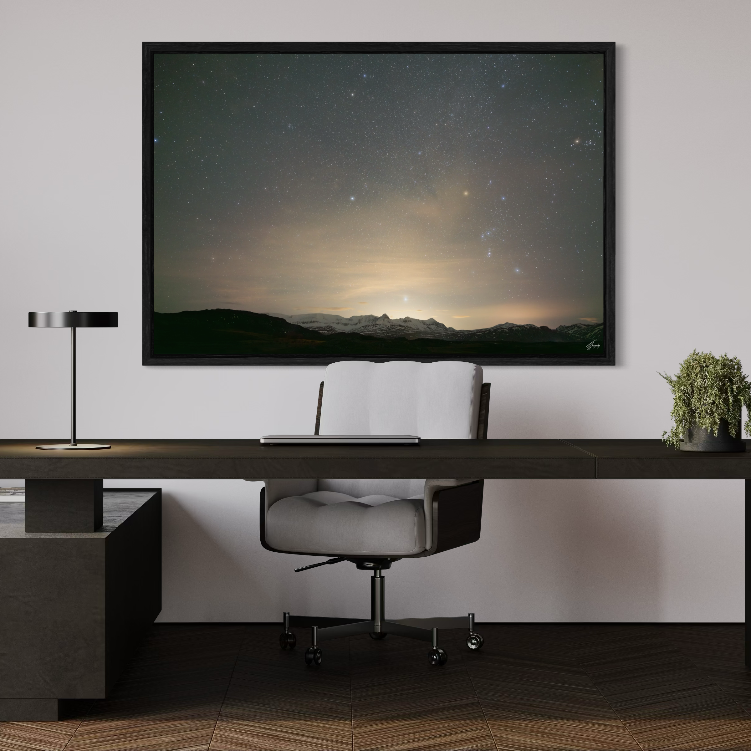 Night sky wall decor in rustic interior framed canvas print star filled sky with deep tones and natural cosmic ambiance