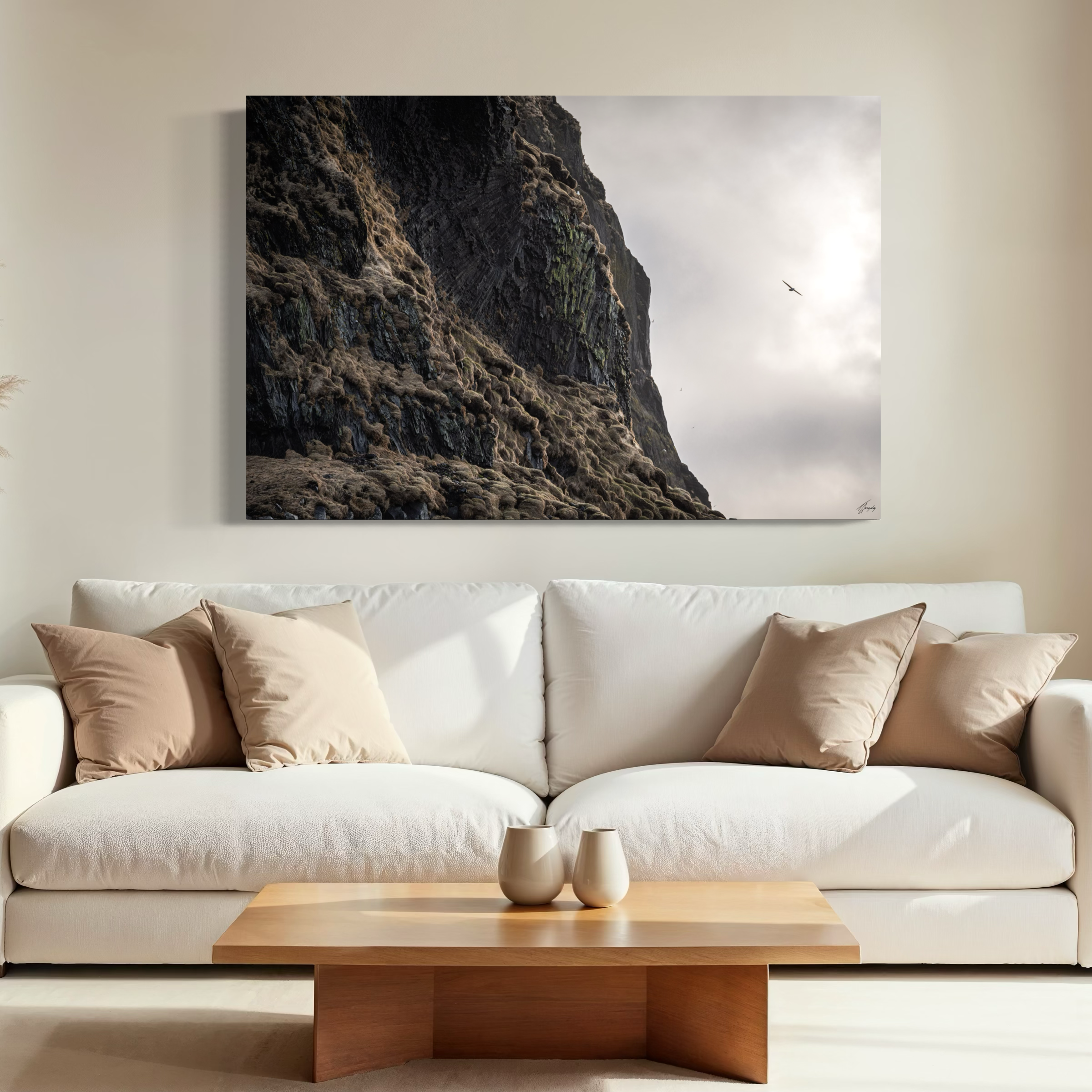 Iceland coastal birds wall decor stretched canvas print earthy palette with soft textures ideal for grounded natural interiors