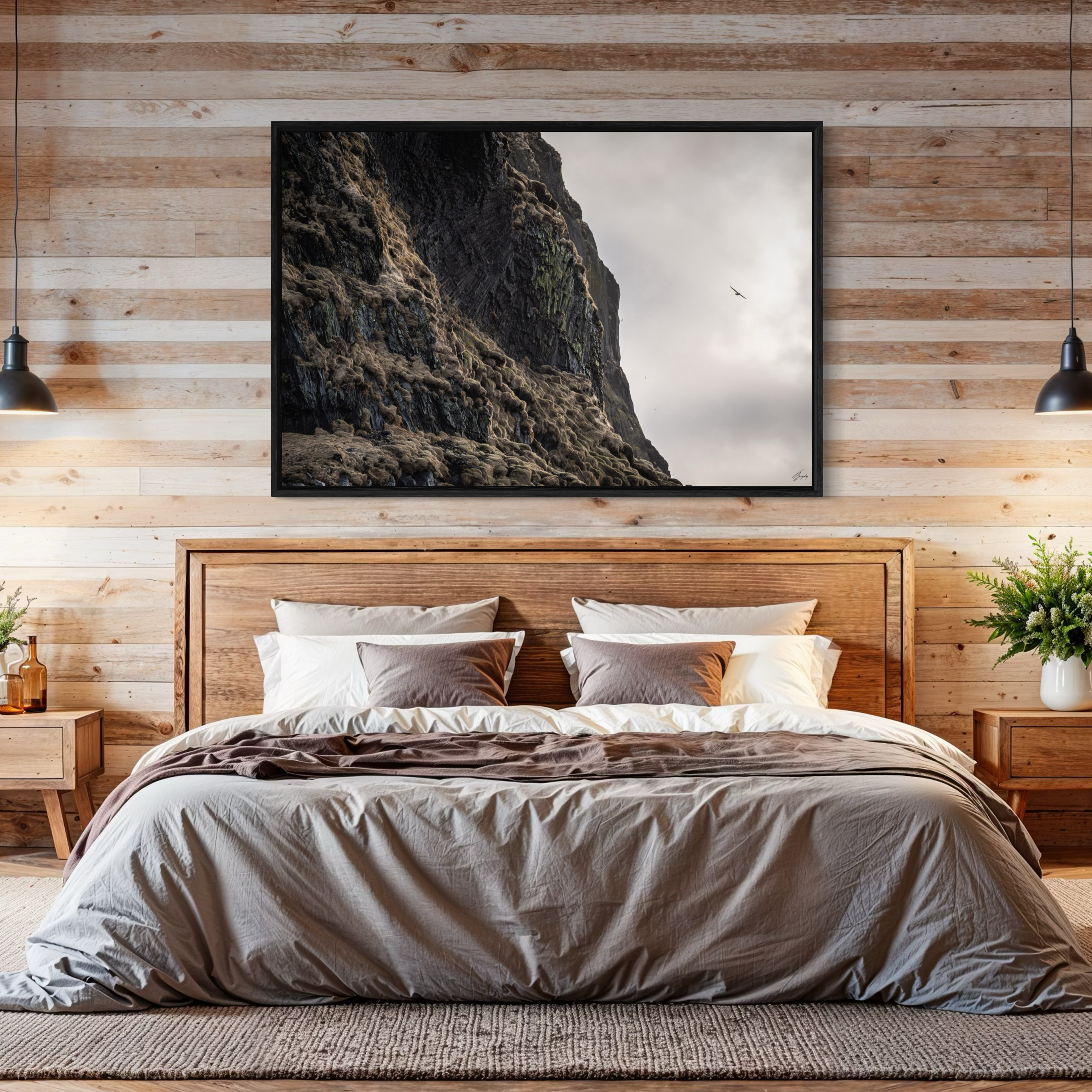Bird wall art in rustic interior framed canvas print Iceland coastal nest scene with organic textures and natural tones