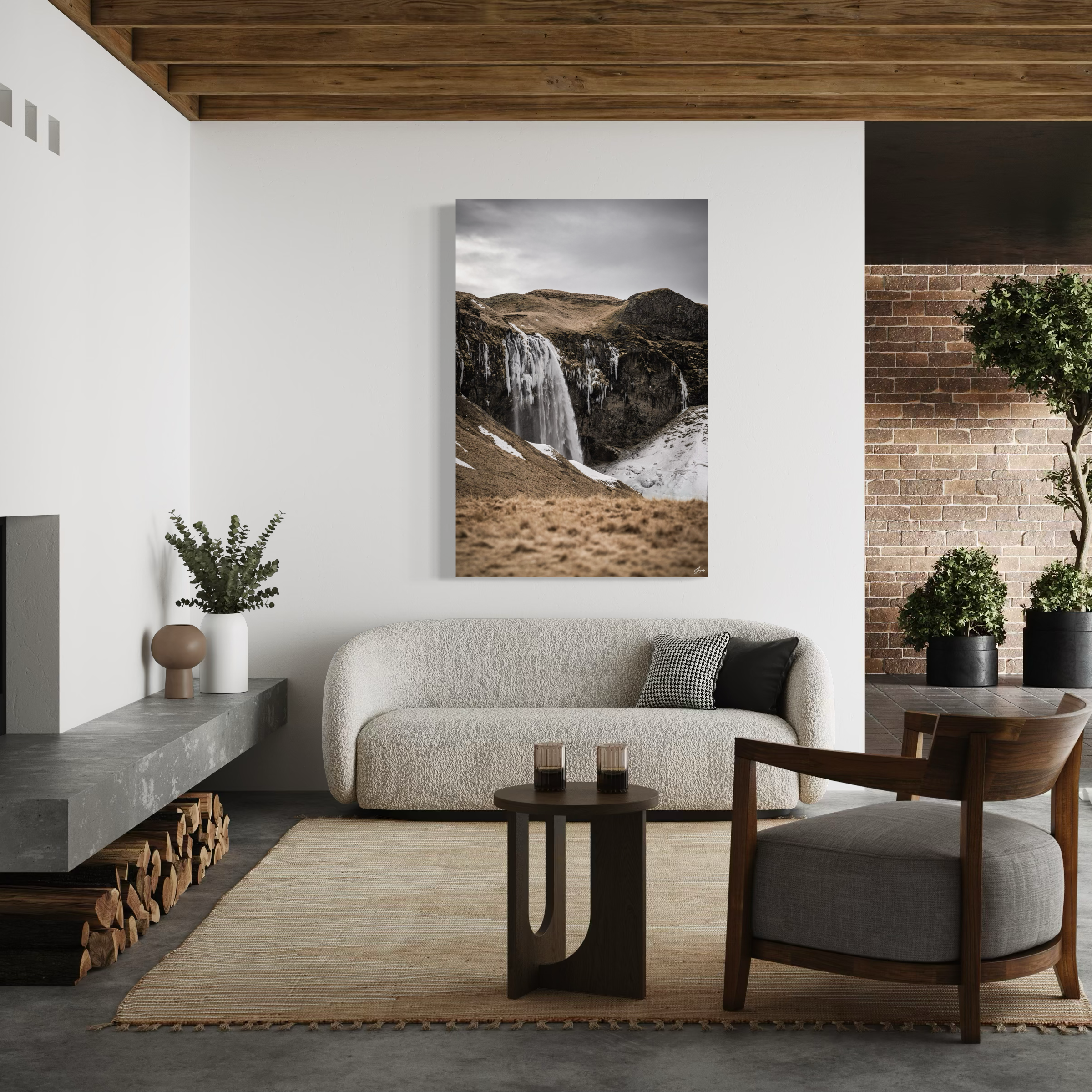 Waterfall wall decor stretched canvas print Iceland landscape featuring clear water textures modern elegant styling