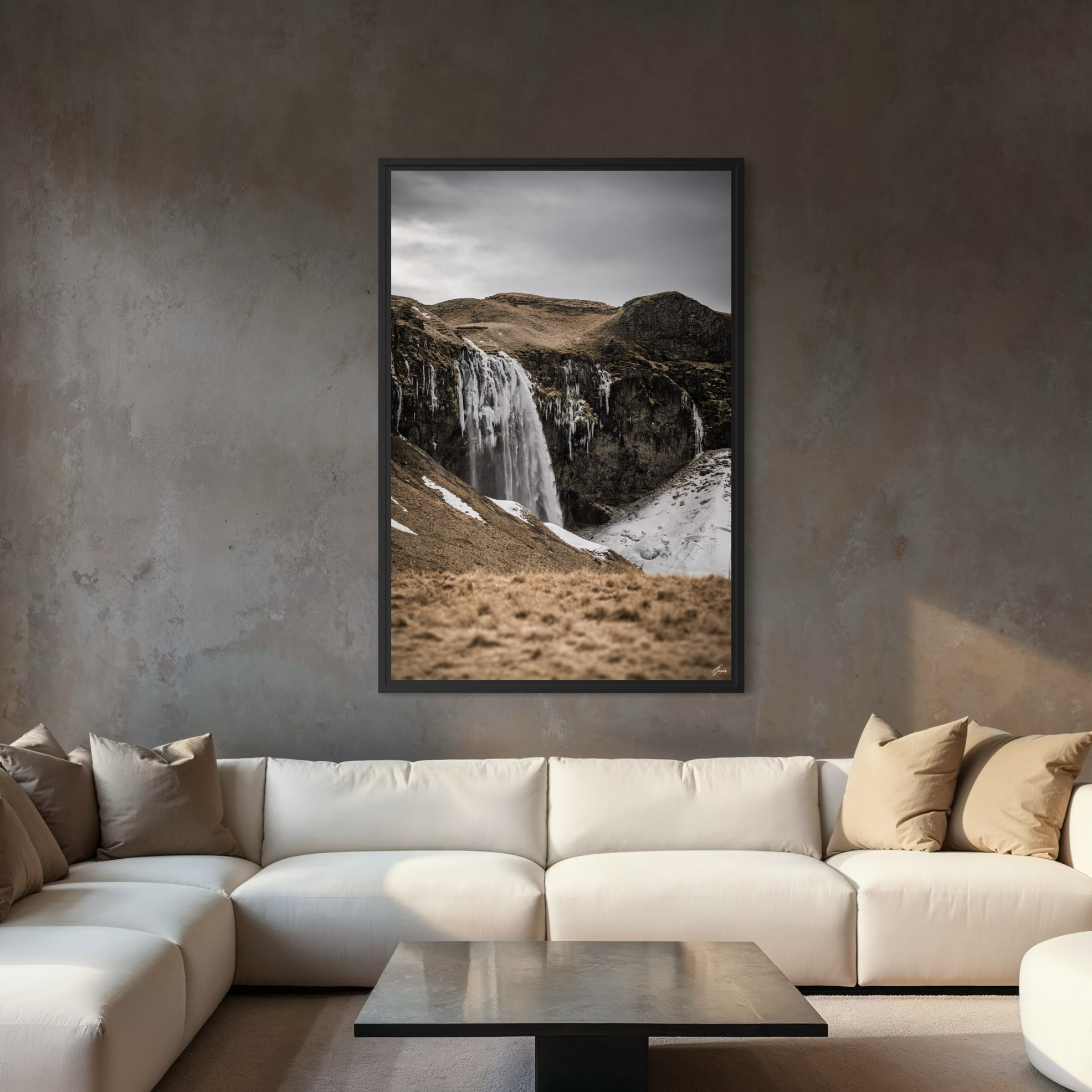 Iceland waterfall wall art in modern interior framed canvas print refined nature decor with clean flowing water detail