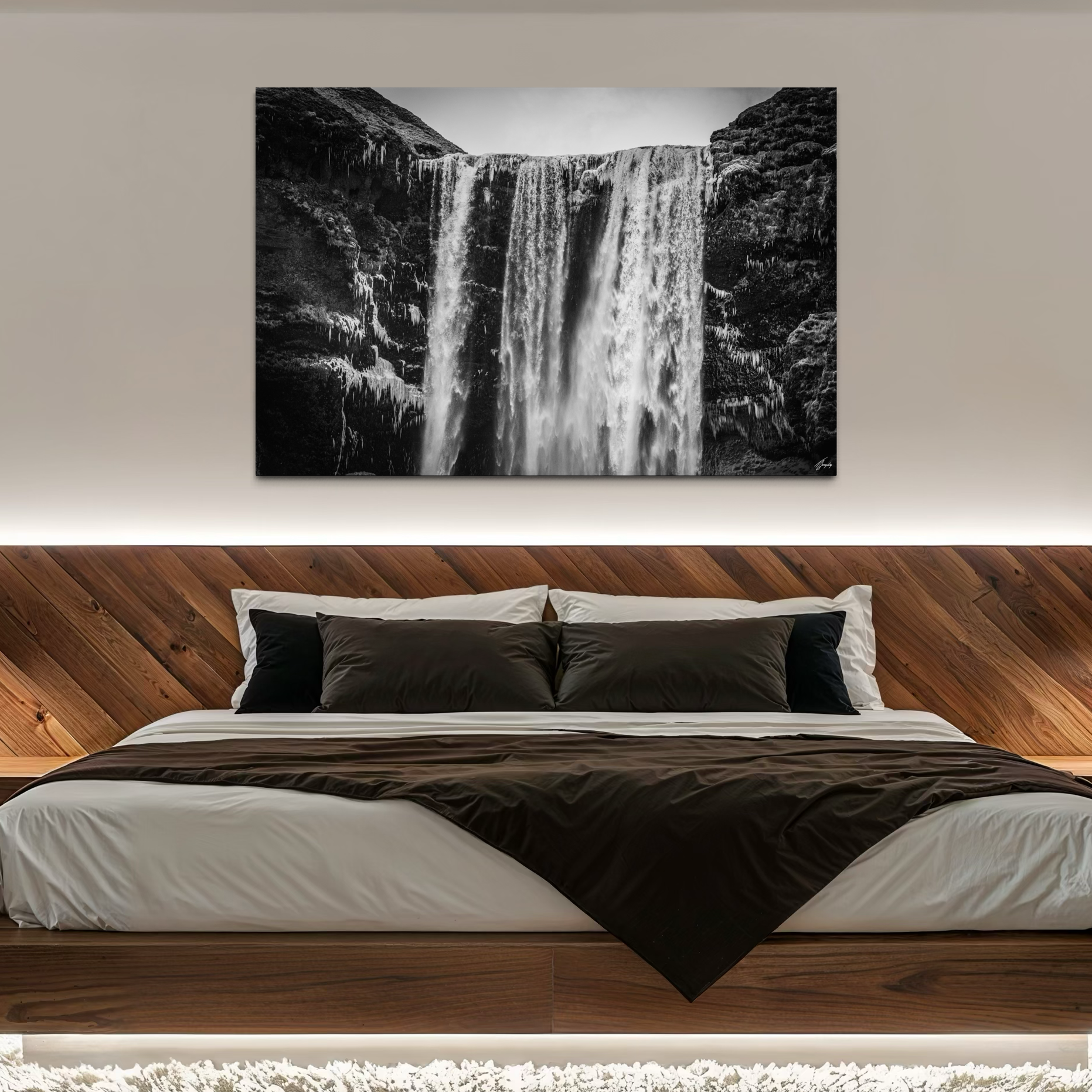Skogafoss Iceland waterfall wall decor stretched canvas print frozen details and soft winter tones perfect for bedroom styling