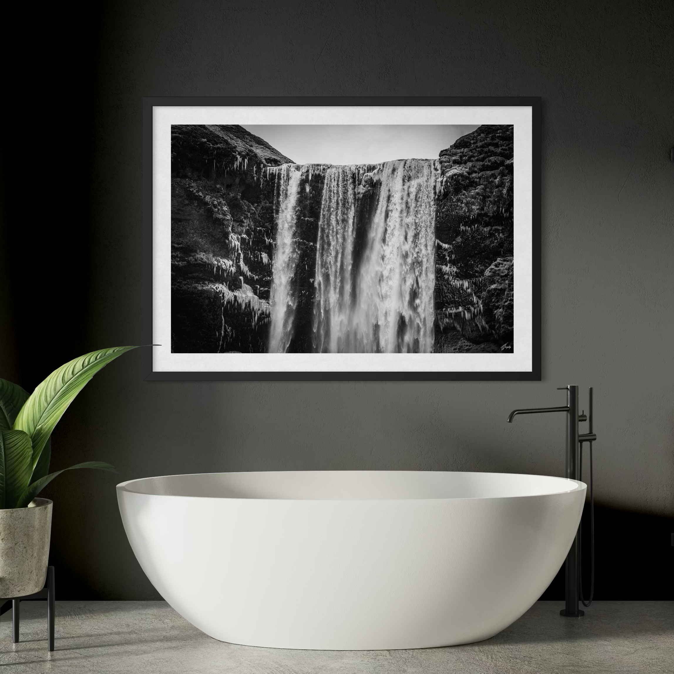 Skogafoss waterfall wall decor in modern bathroom framed canvas print Iceland scene with sculpted ice and calming water flow