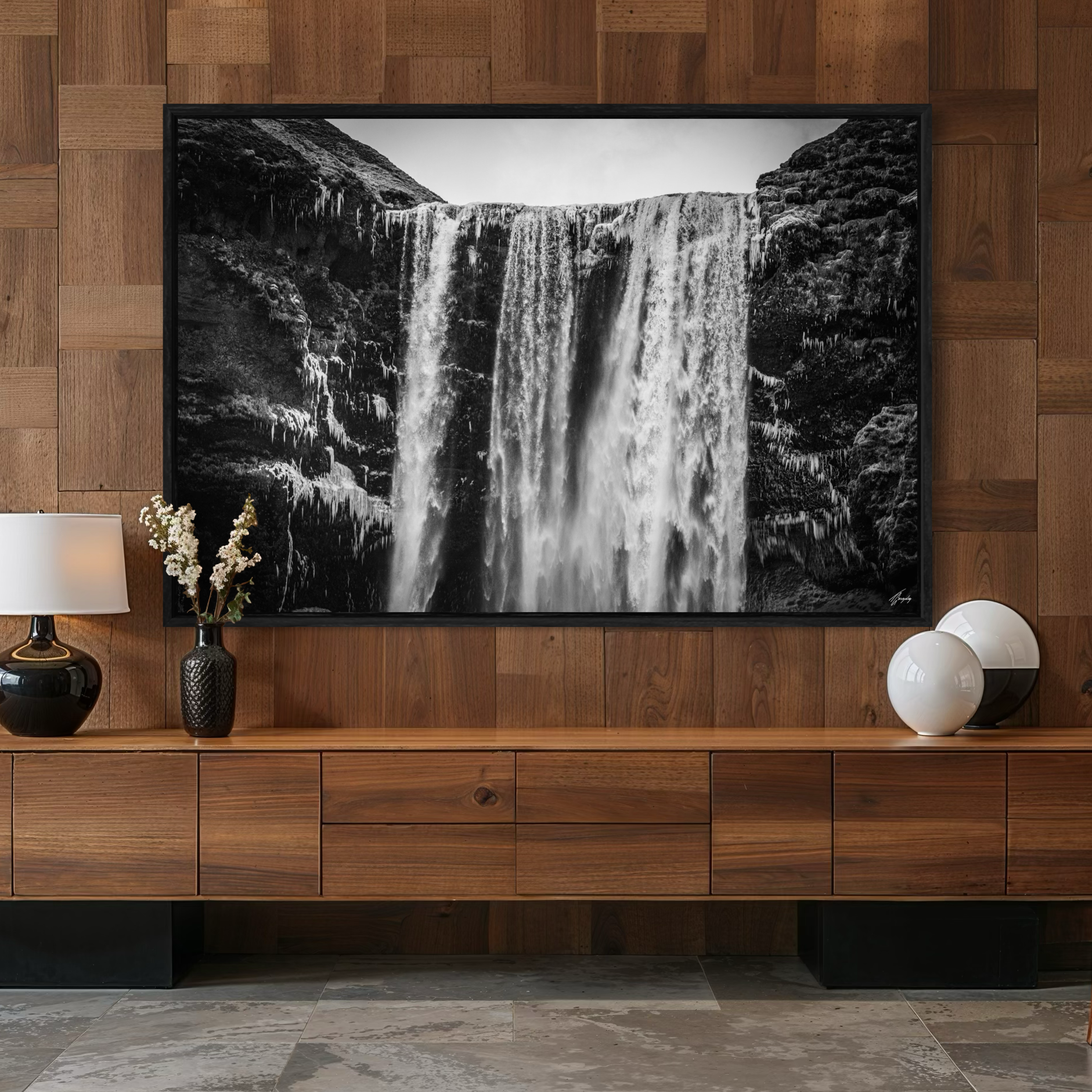 Skogafoss waterfall wall decor in modern living room framed canvas print Iceland scene with sculpted ice and natural contrast
