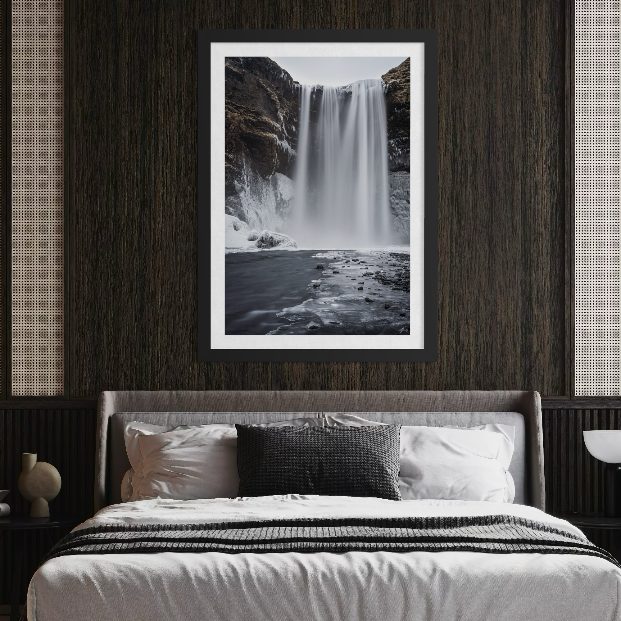 Iceland waterfall wall decor stretched art print long exposure flow with calming tones perfect for bedroom styling