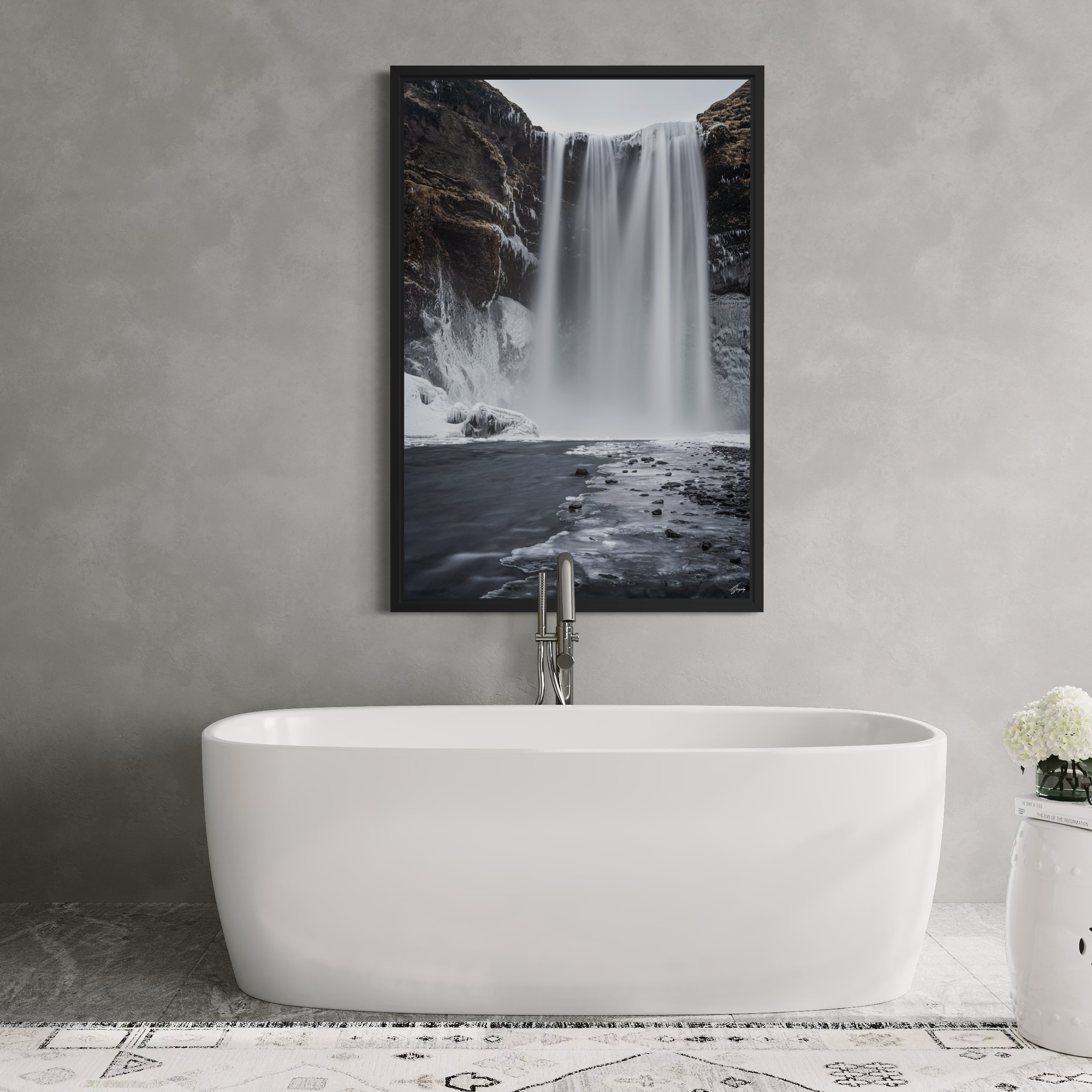 Skogafoss waterfall in Iceland long exposure wall decor print soft flowing water with blue and brown tones in minimalist composition