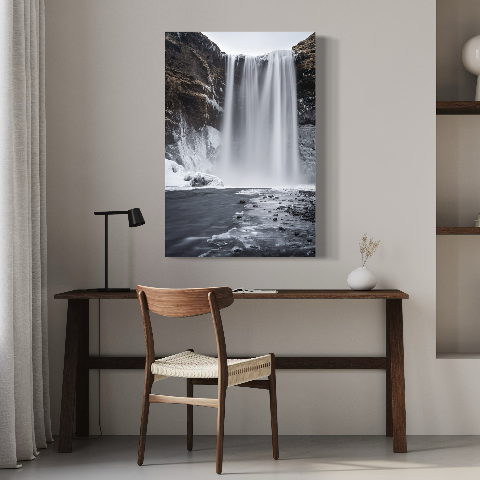 Iceland waterfall wall decor stretched canvas print long exposure flow with calming tones perfect for office styling