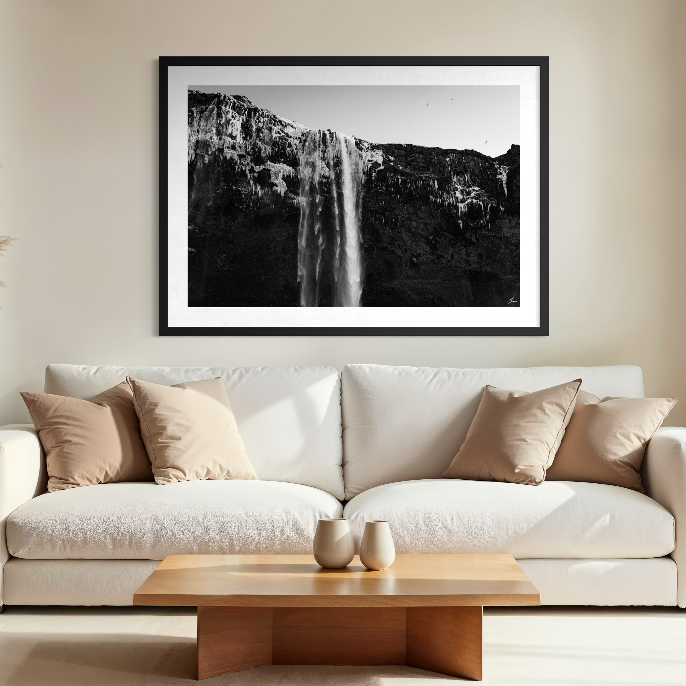 Black and white waterfall wall art Iceland frozen cliffs artistic composition ideal for bohemian and textured interior styling