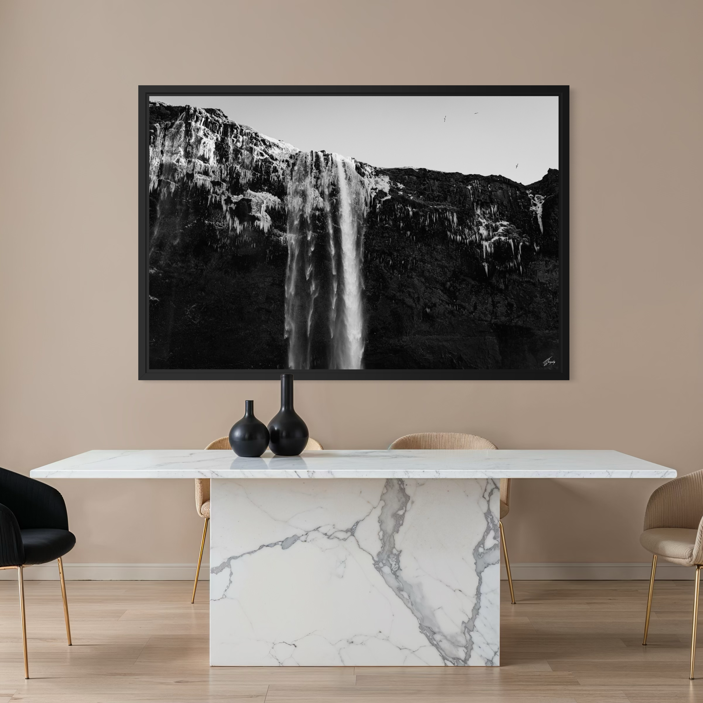 Black and white Iceland waterfall wall decor stretched canvas print frozen rock textures and strong contrast for earthy interiors
