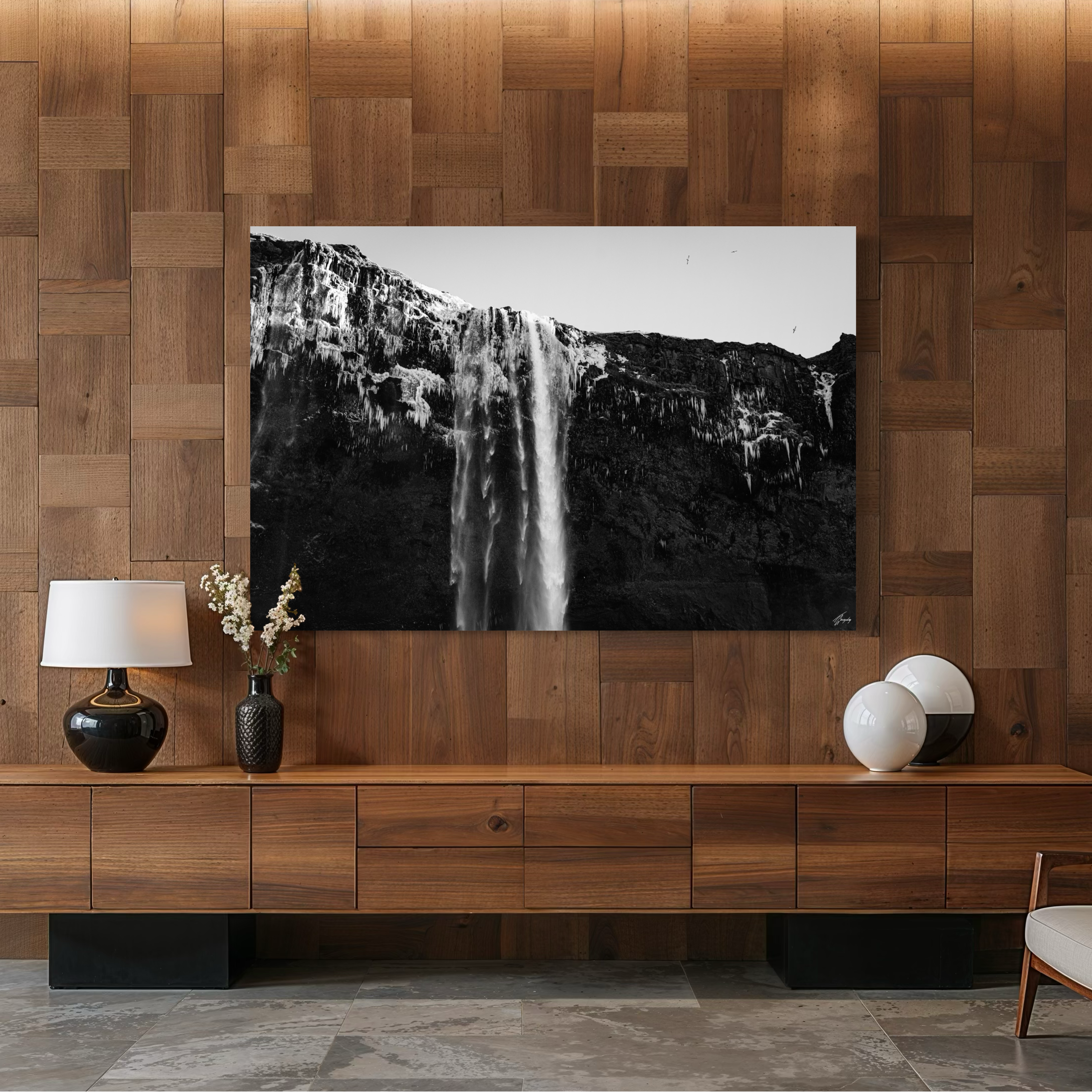 Iceland waterfall wall decor stretched canvas print frozen rock textures and cold tones perfect for earthy natural interiors