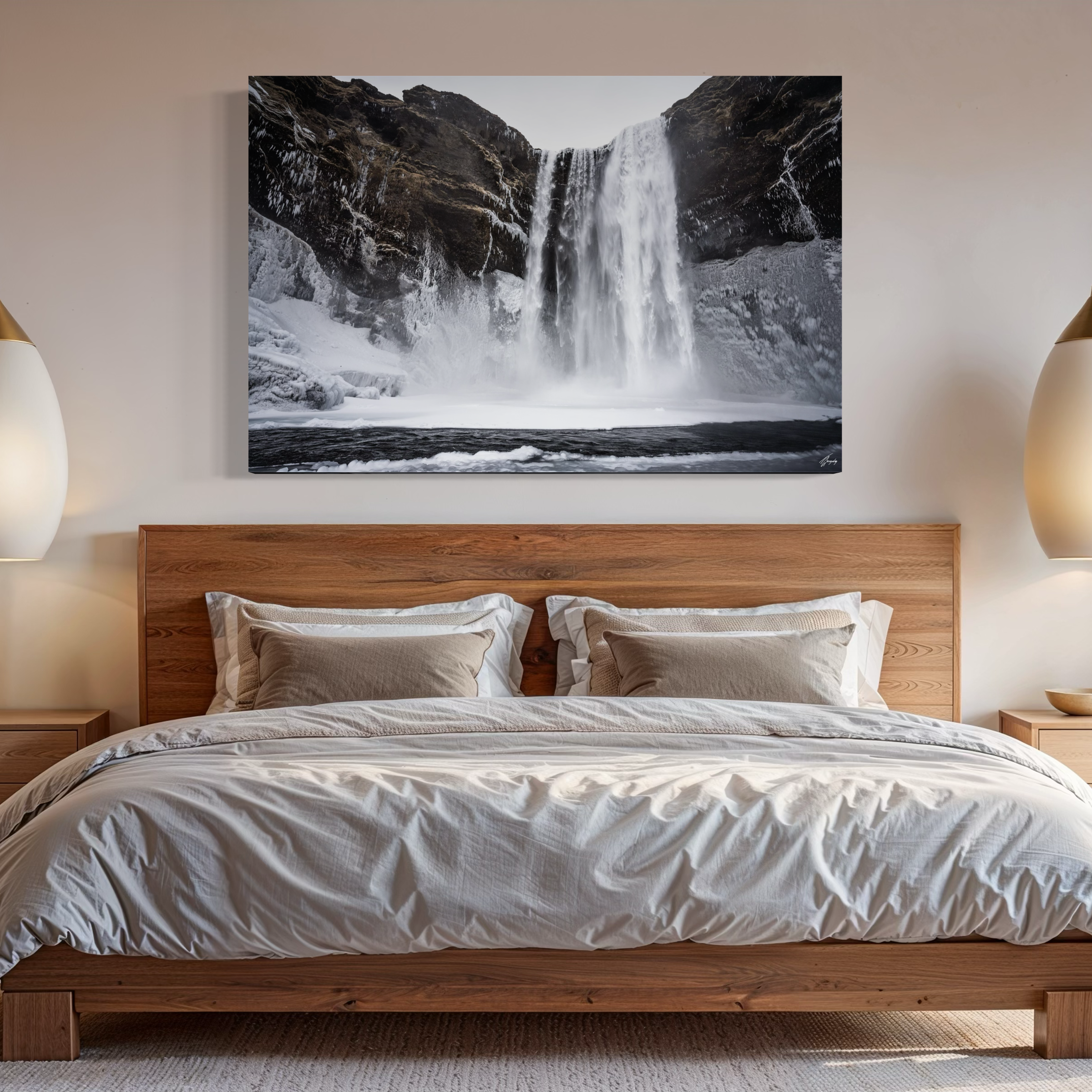 Iceland waterfall wall decor stretched canvas print soft winter tones and calm flow perfect for bedroom decor or iceland travel gift