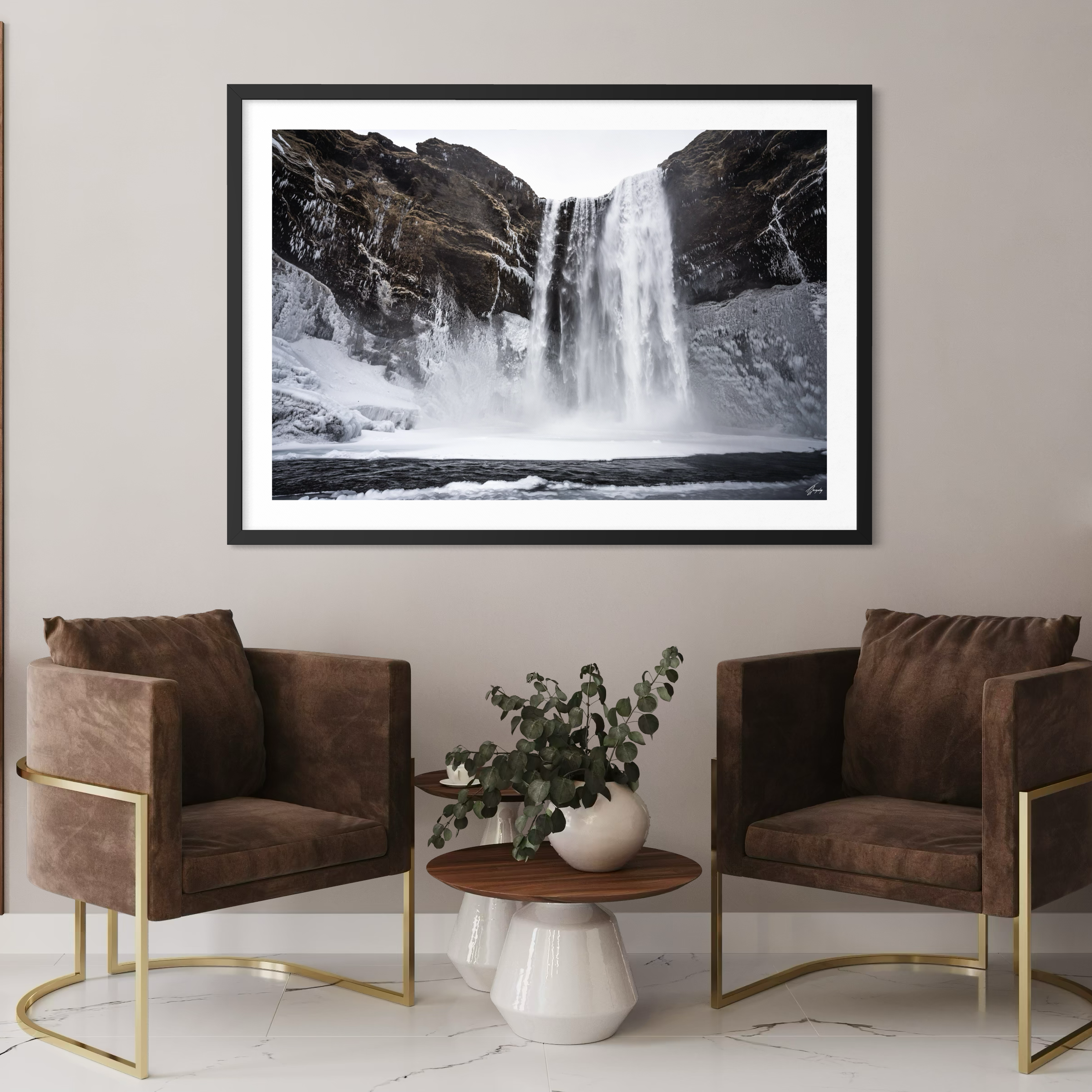 Iceland waterfall wall decor in modern living room framed canvas print winter scene with mist and flowing water ideal travel inspired decor