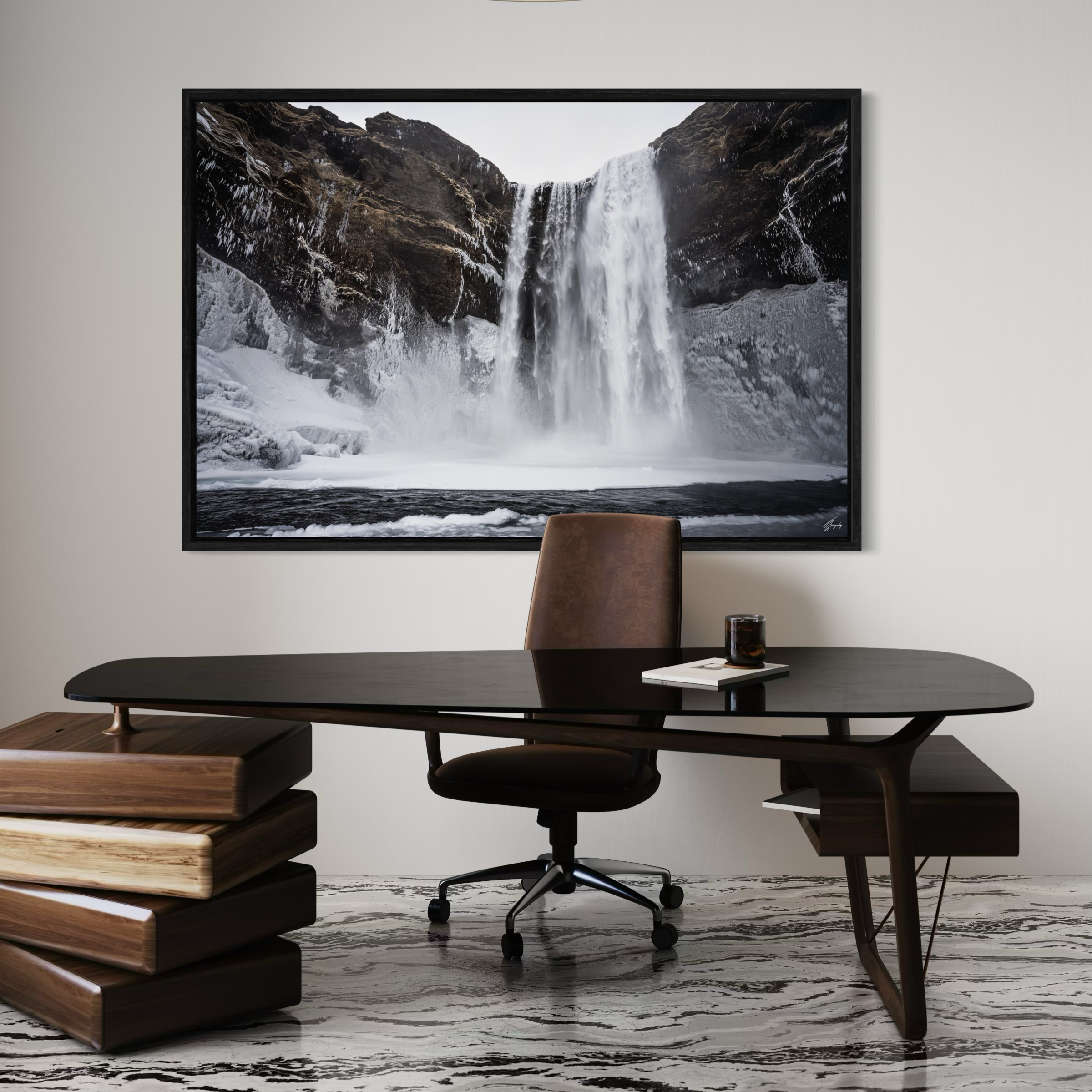 Photography frame wall decor Iceland waterfall winter composition ideal for office space calming environment and unique gift idea