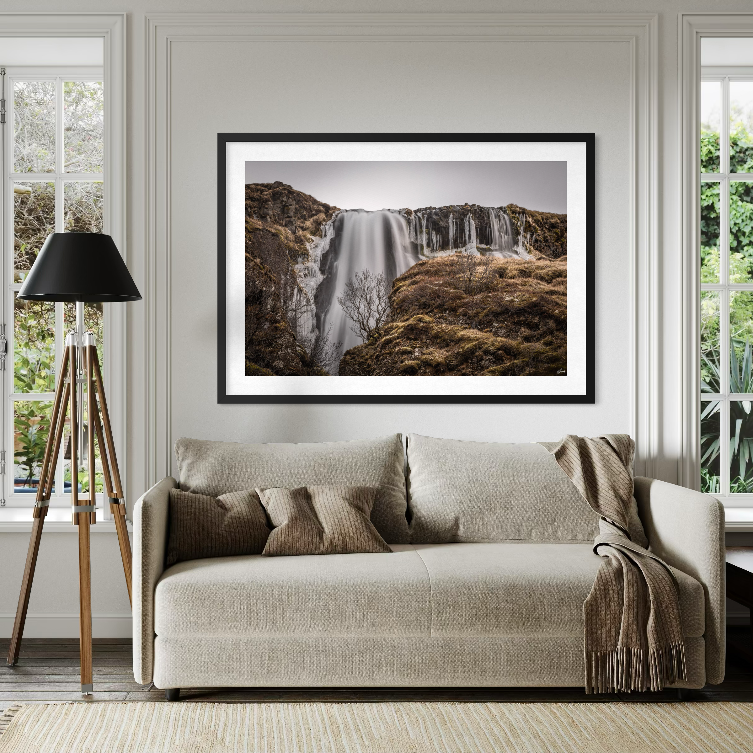 Iceland tree wall decor stretched canvas print long exposure water effect with calm winter atmosphere for earthy interiors