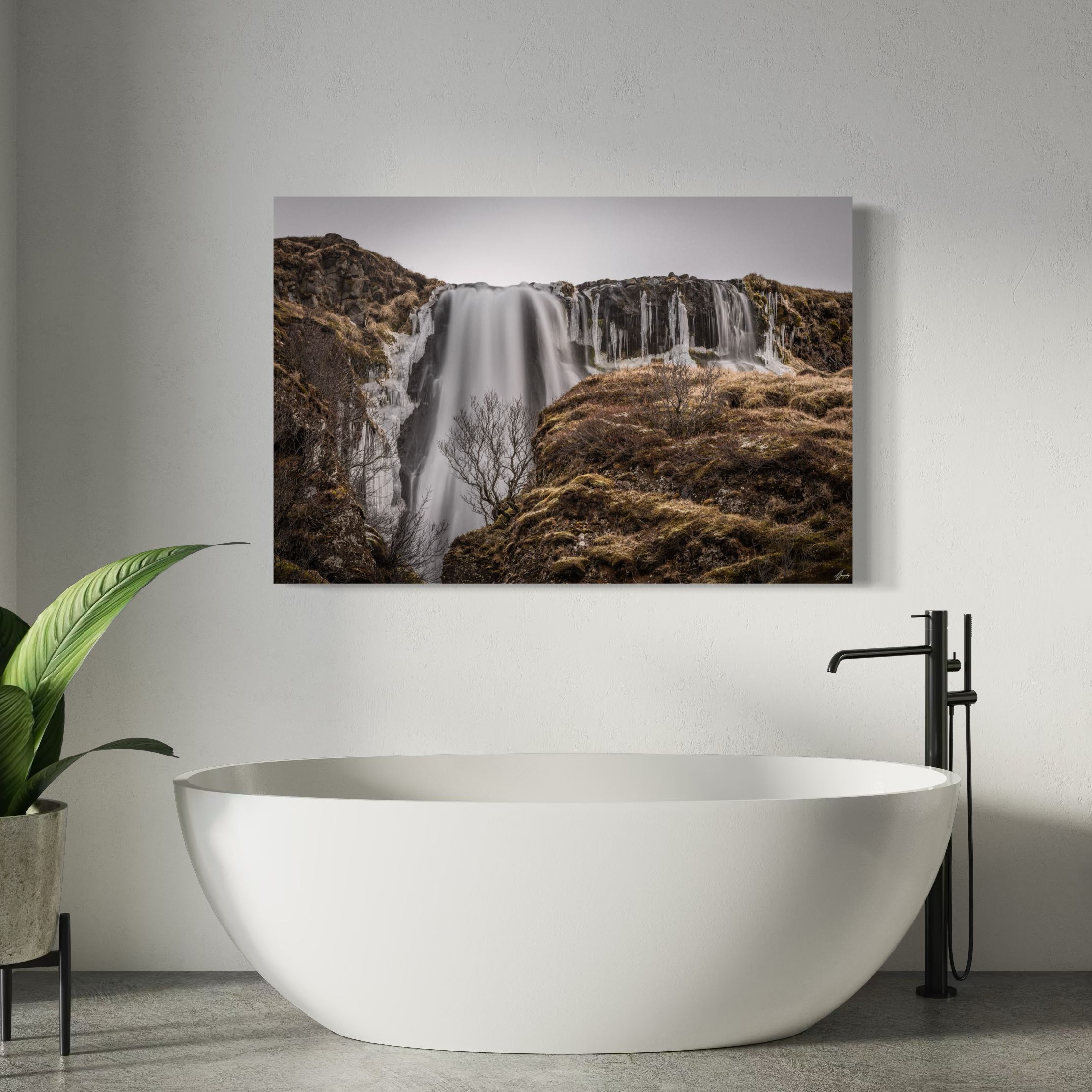 Iceland tree wall decor stretched canvas print long exposure water effect with calm winter atmosphere for minimal interiors