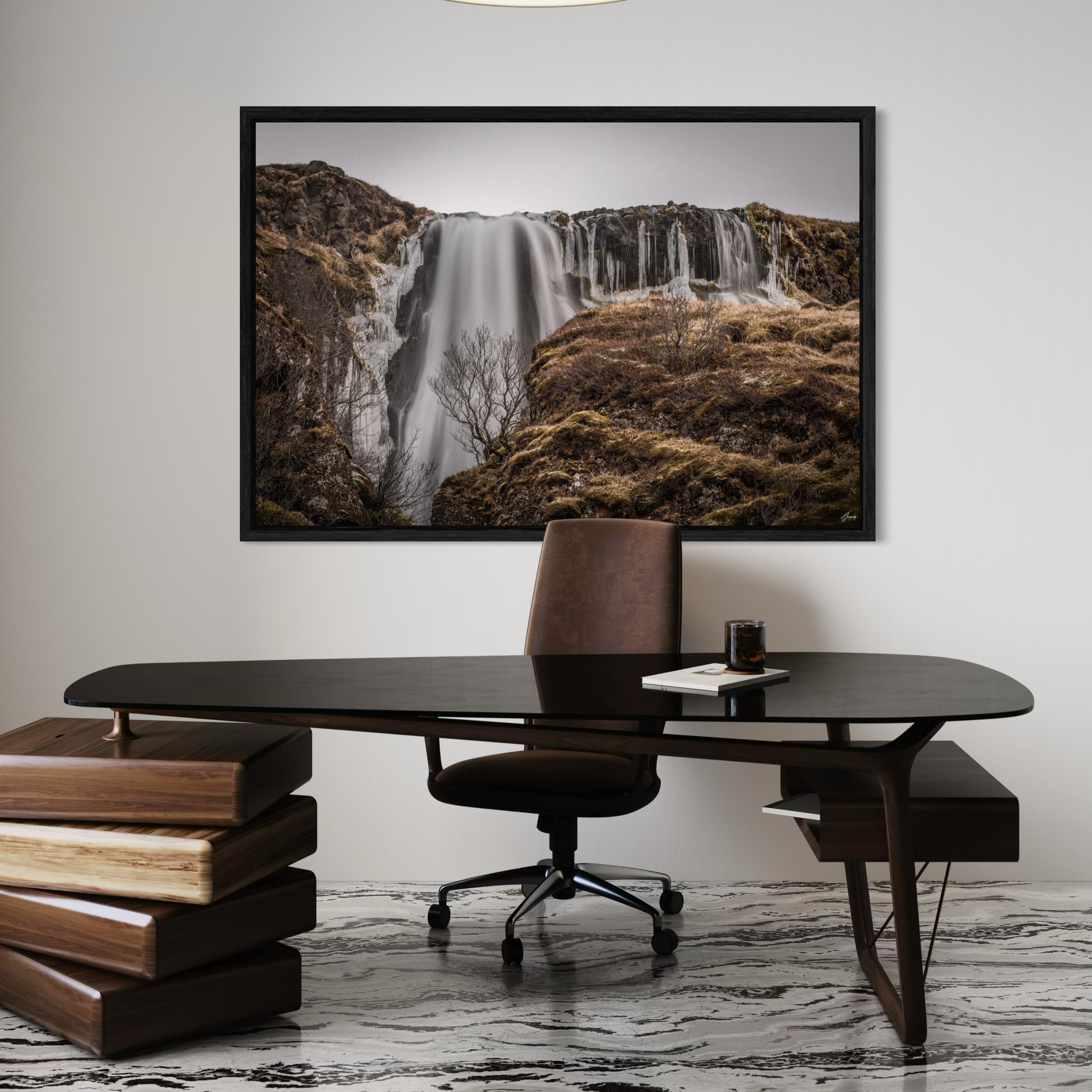 Long exposure tree wall art in modern office decor, framed canvas print Iceland winter scene with soft motion and natural tones