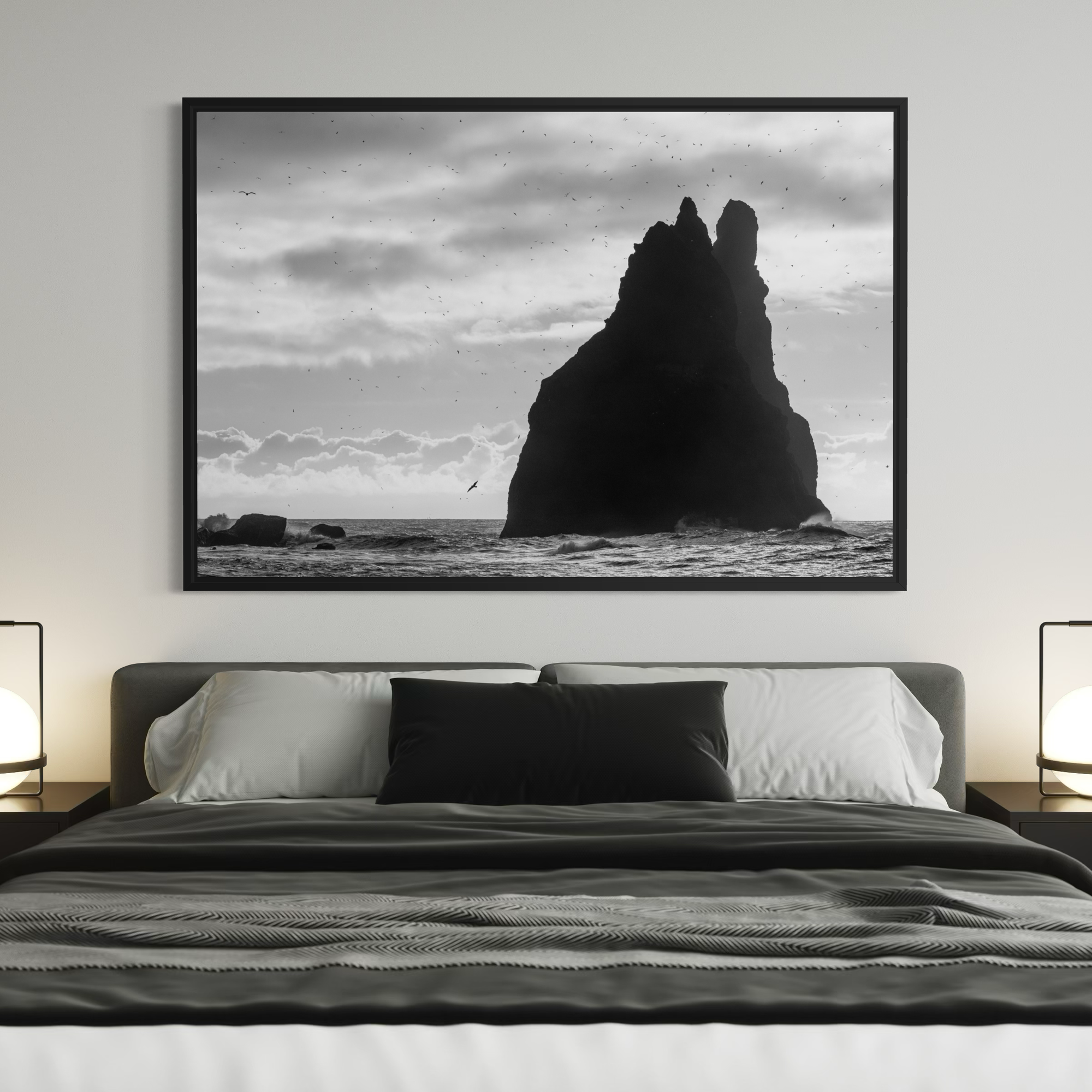 Landscape wall decor stretched canvas print Reynisfjara Iceland natural tones and movement perfect for bedroom styling and nature art print lovers