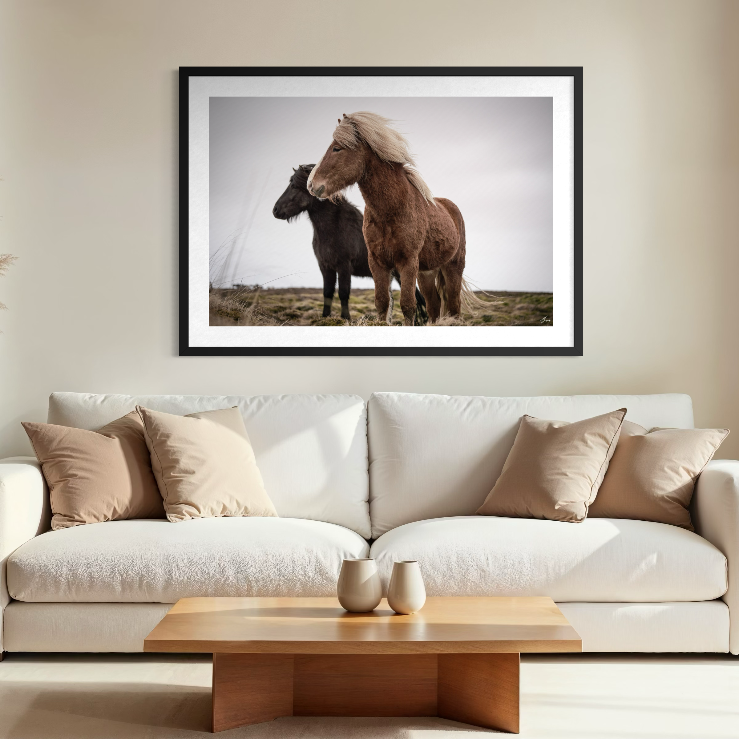 Fine art paper print Icelandic horses close bond elegant gallery wall art ideal for intimate and calming interior spaces