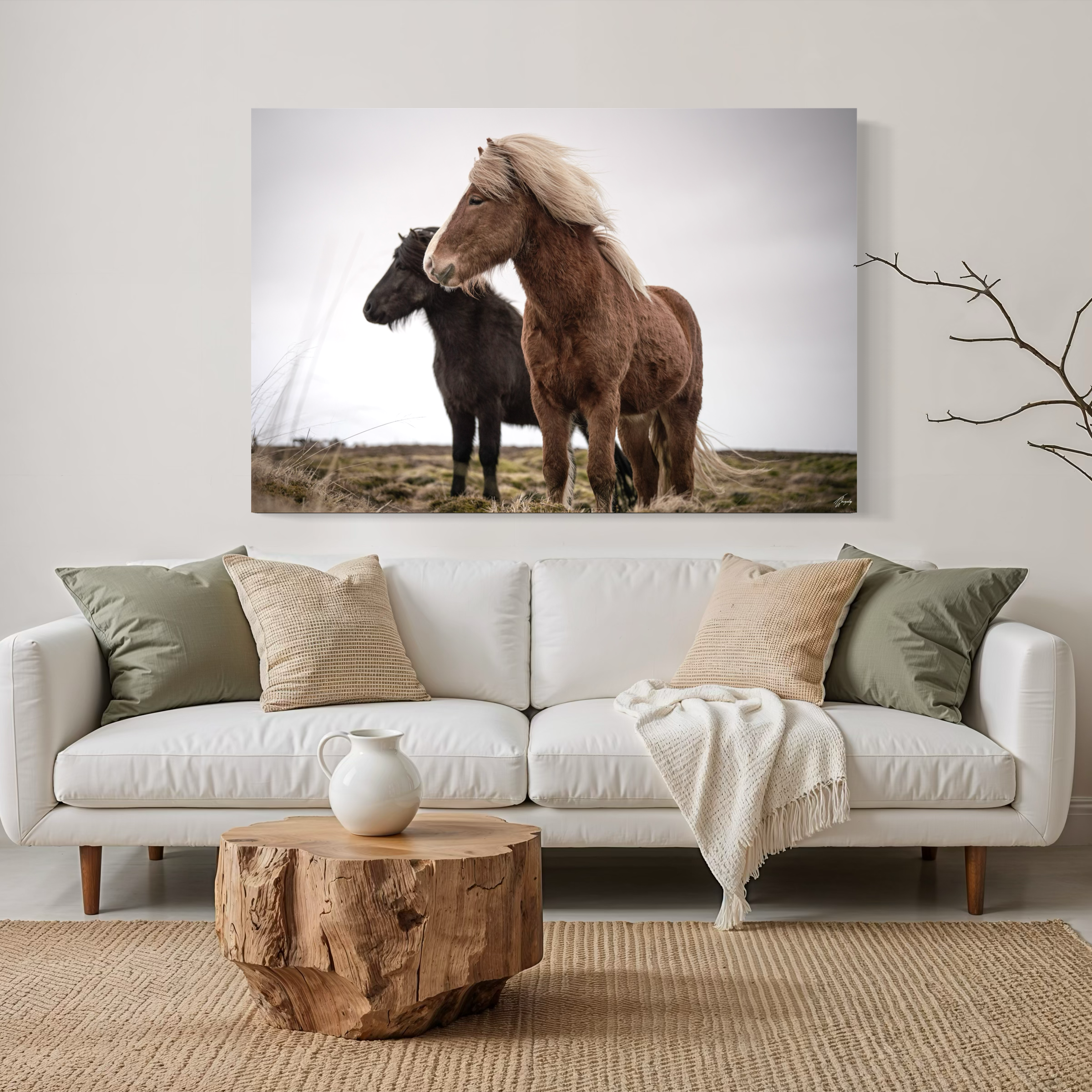 Iceland horse wall art in cozy living room stretched canvas print warm minimalist decor expressing connection and harmony