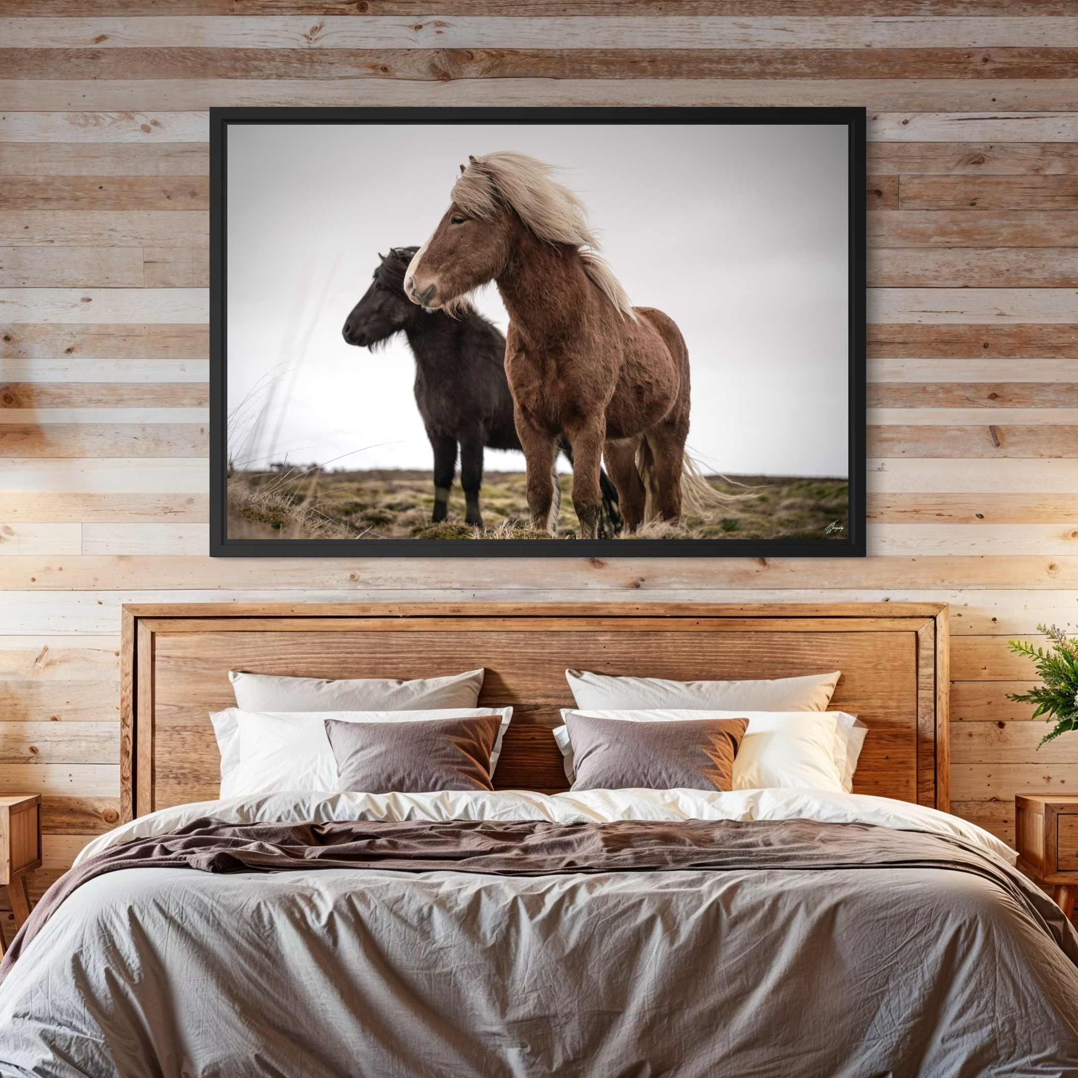 Minimalist horse wall decor framed canvas print Iceland scene with soft emotional tones perfect for bedroom styling