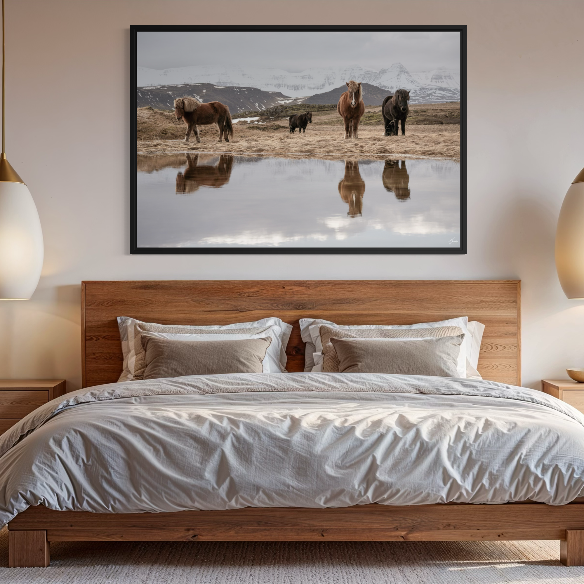 Iceland horses reflection wall art in modern interior framed canvas print luxury wall decor minimalist design