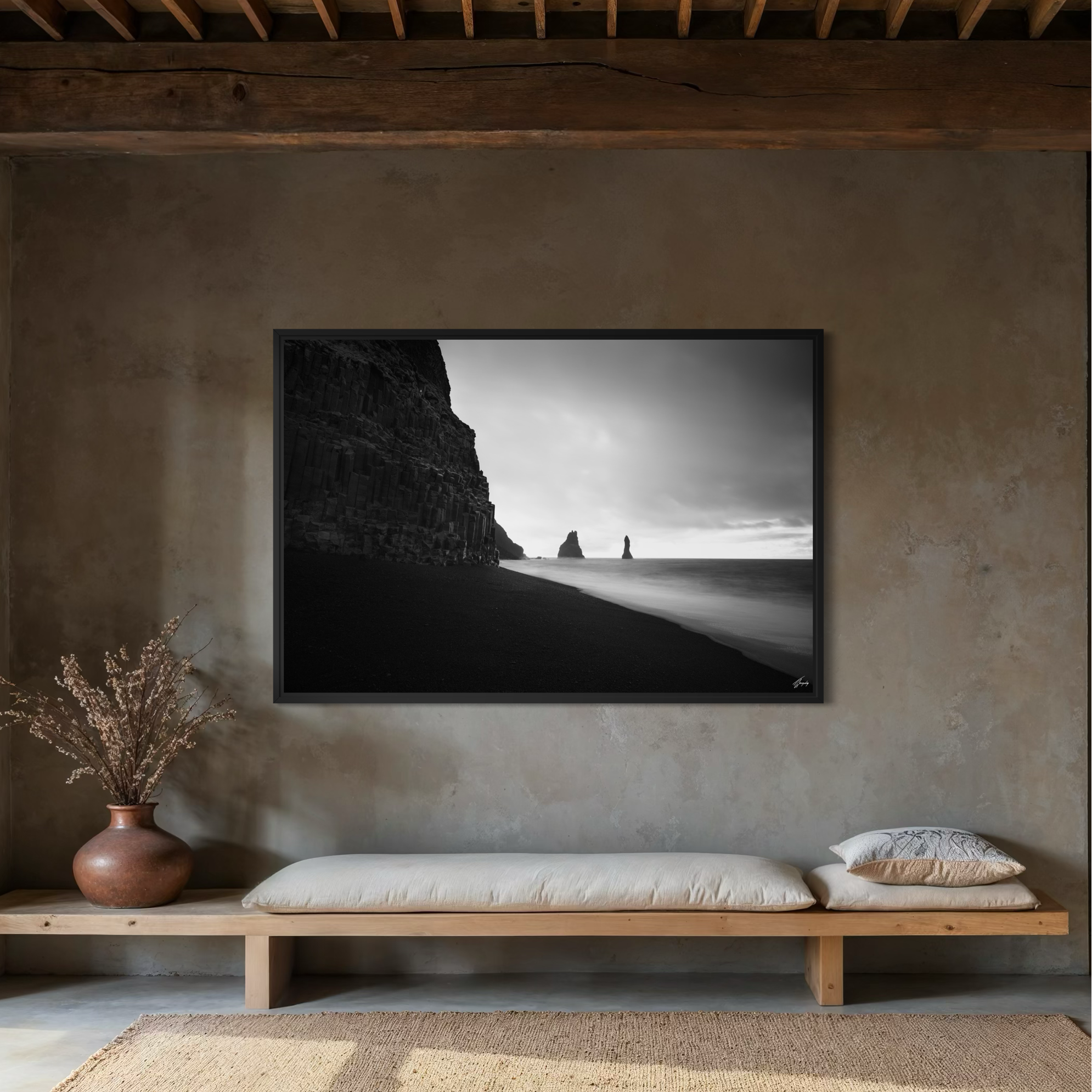 Vik Iceland wall art in modern interior framed canvas print luxury coastal decor minimalist black sand beach scene
