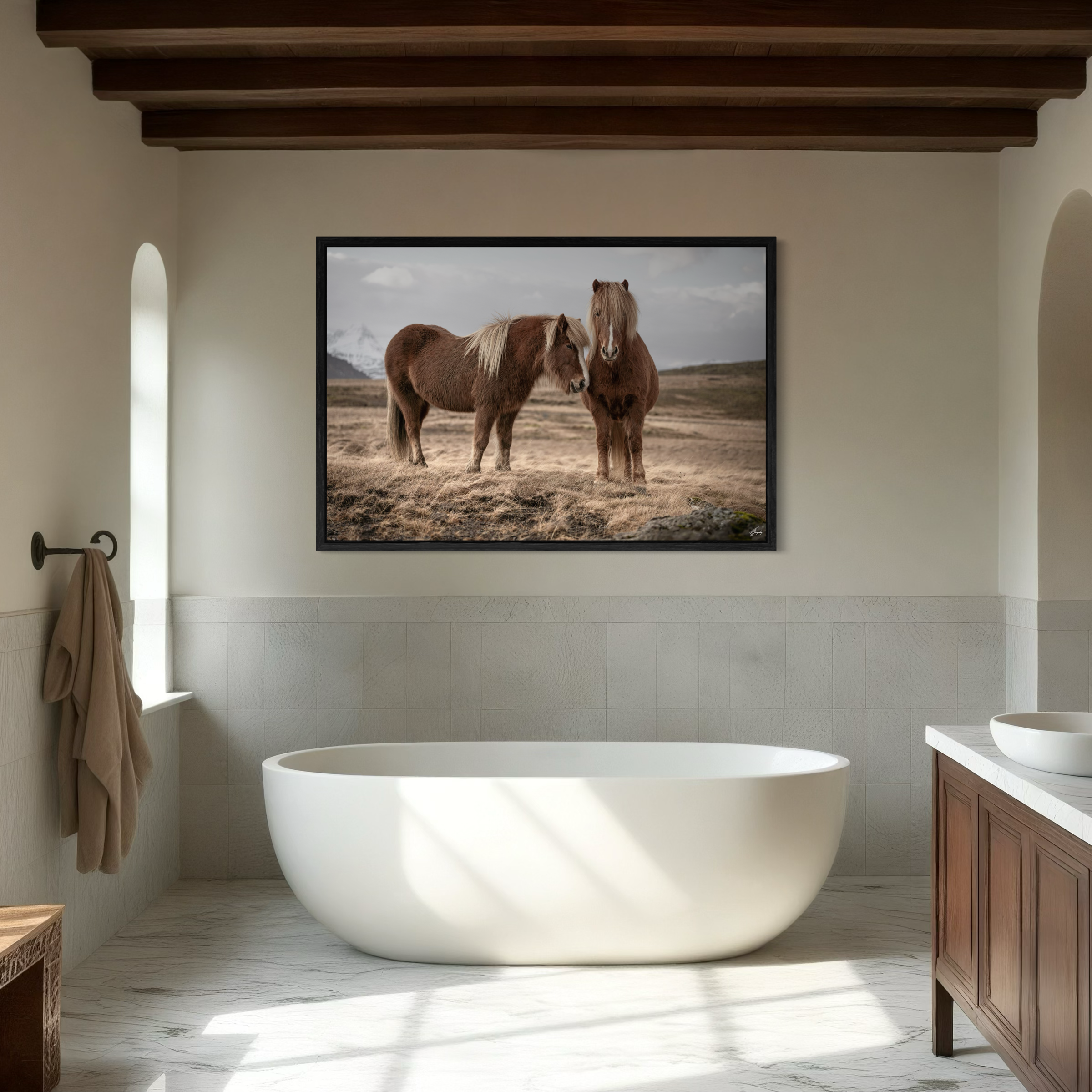 Fine art paper print Icelandic horses calm scene elegant gallery wall art ideal for peaceful and relaxing interior spaces