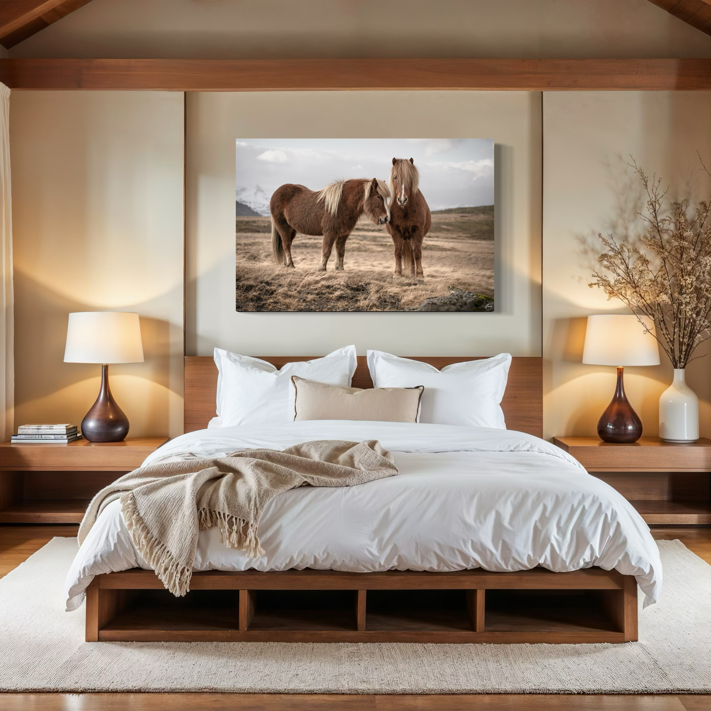 Iceland horse wall art in modern bedroom interior stretched canvas print soft minimalist decor calming and peaceful ambiance