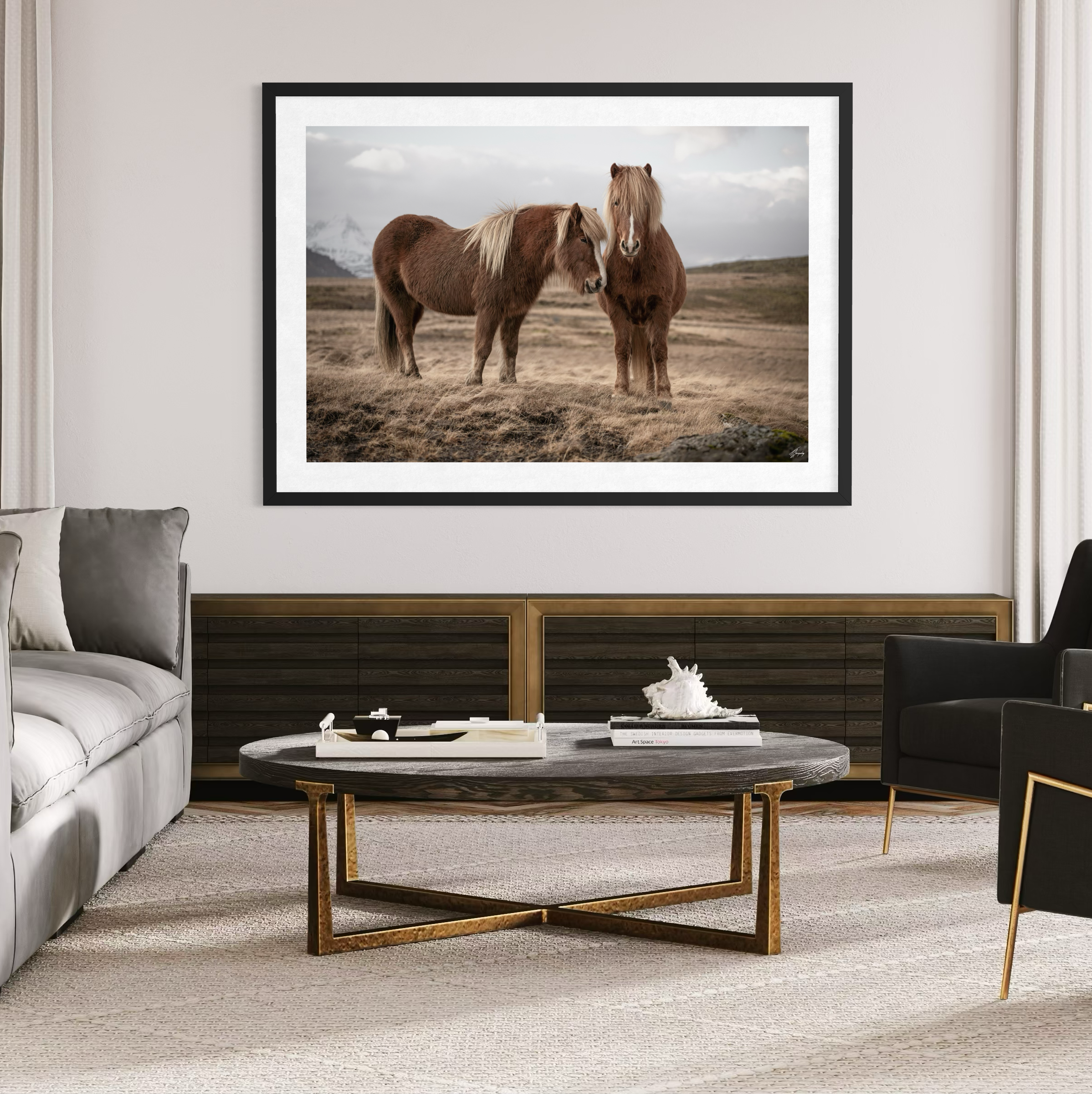 Minimalist horse wall decor stretched canvas print Iceland landscape serene composition perfect for living room styling