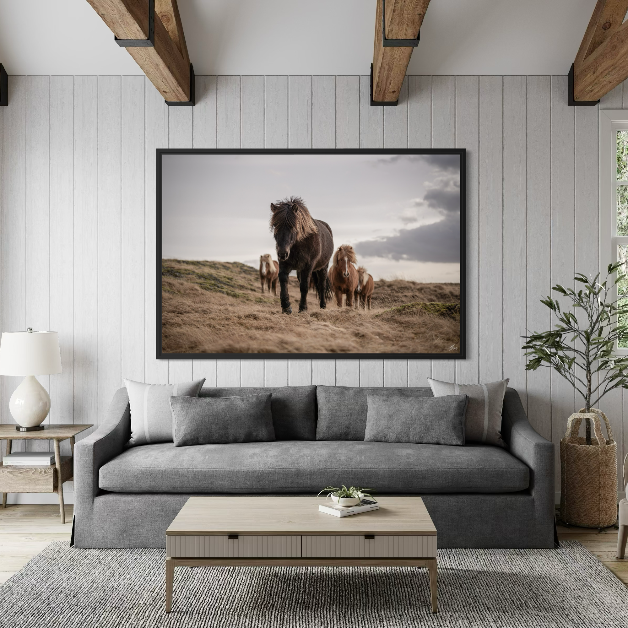 Iceland horses wall art in modern interior framed canvas print luxury minimalist decor calm and peaceful presence