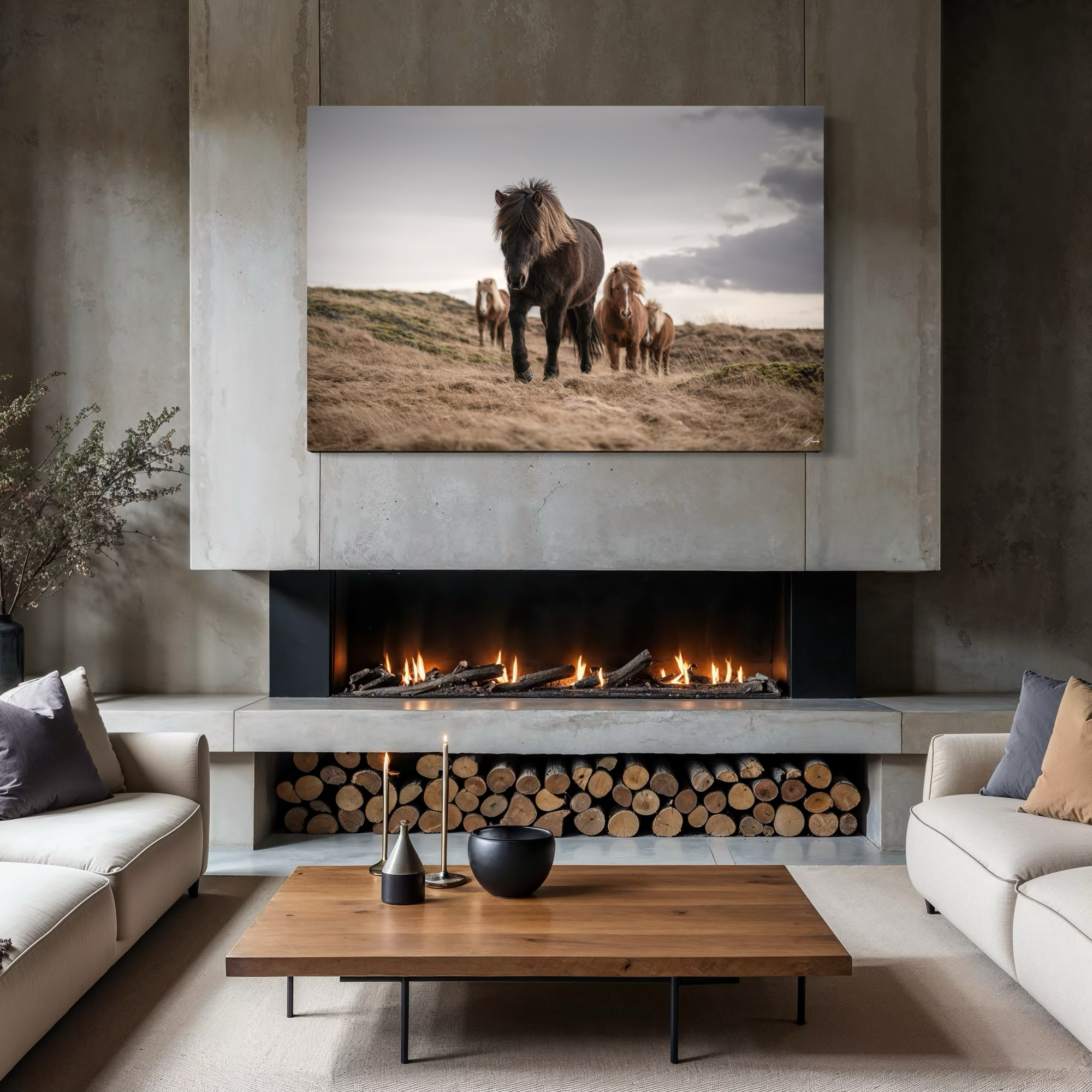 Minimalist horse wall decor stretched canvas print Iceland landscape serene composition modern home styling