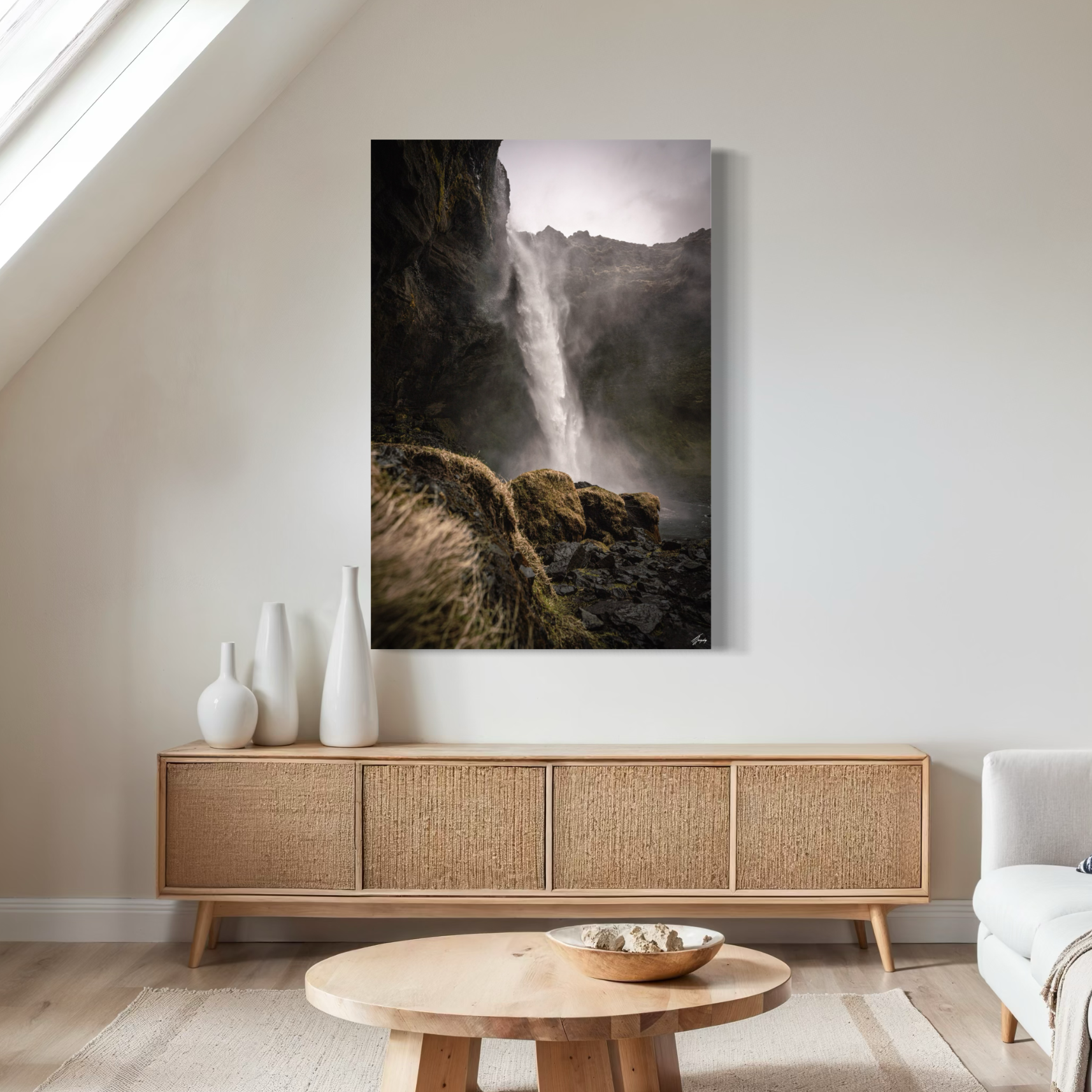 Iceland waterfall wall decor with dynamic water movement stretched canvas print modern minimalist home design