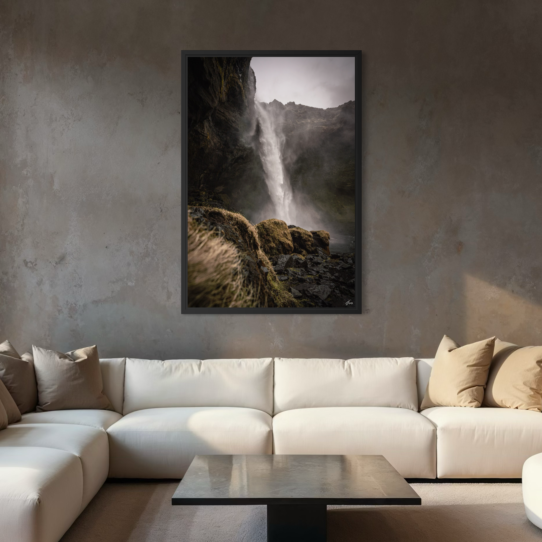 Dramatic Iceland waterfall wall art in modern interior framed canvas print luxury wall decor nature statement