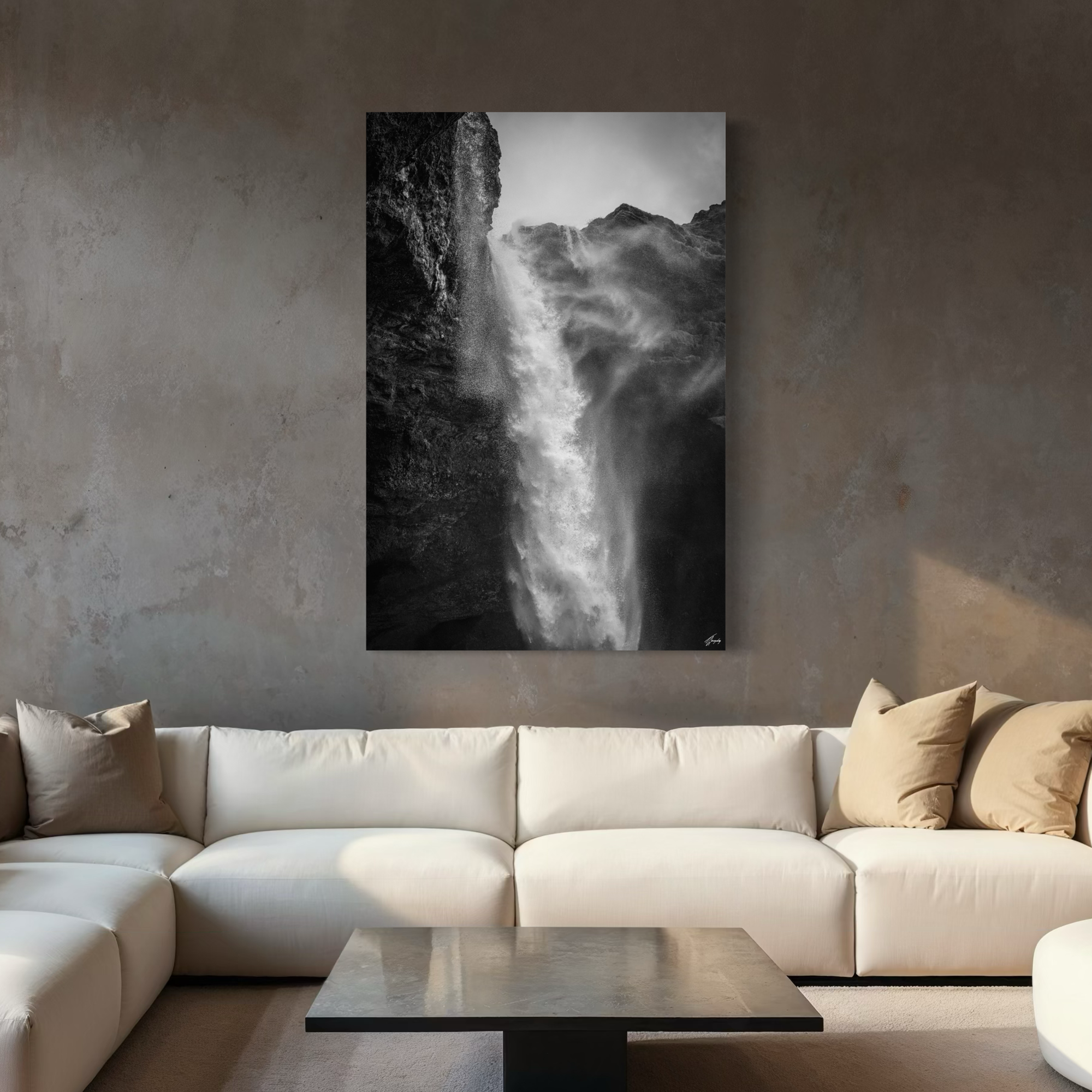 Waterfall wall decor stretched canvas print Iceland landscape with dramatic flow perfect for contemporary living room styling