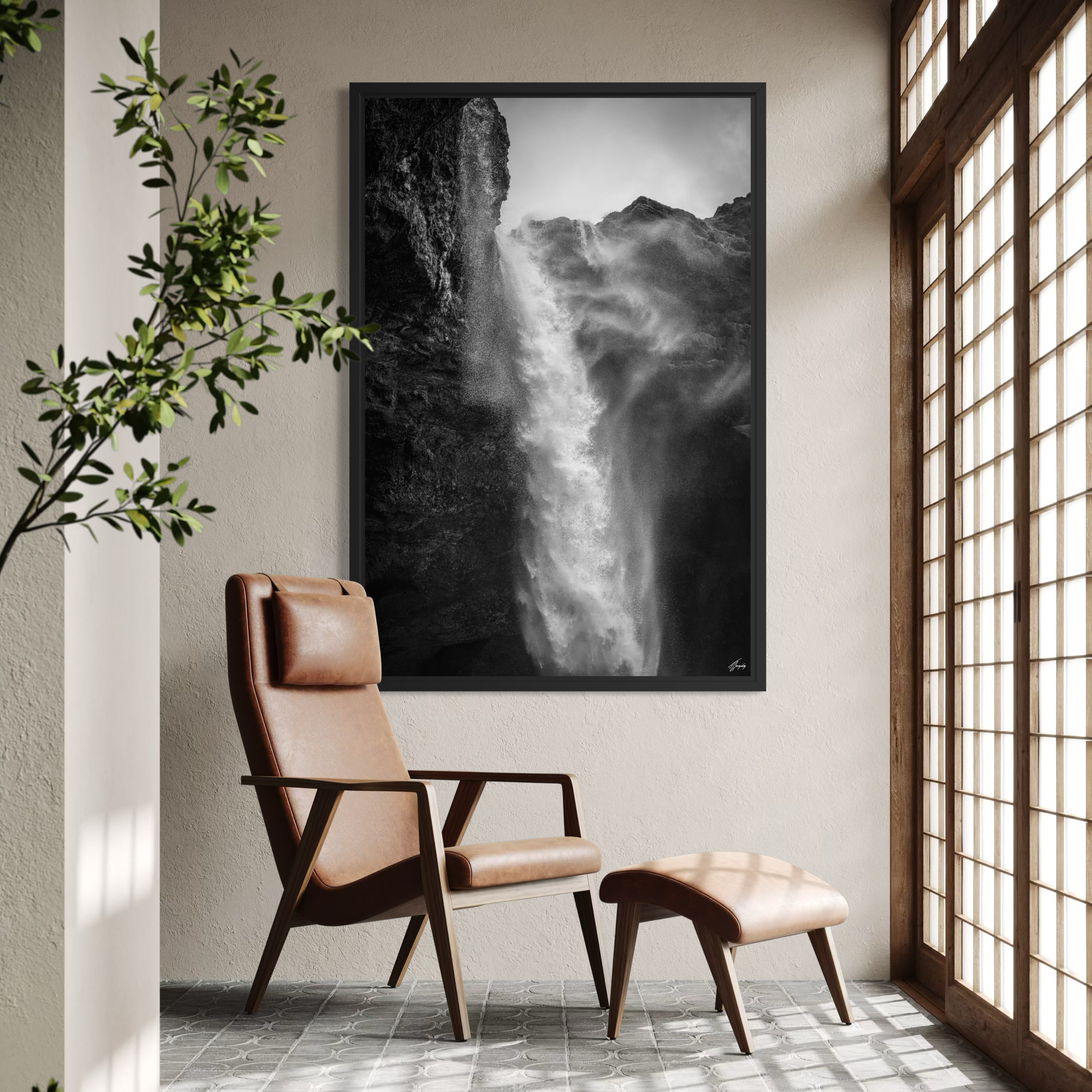 Iceland waterfall wall art in modern entryway framed canvas print bold minimalist decor with strong vertical presence