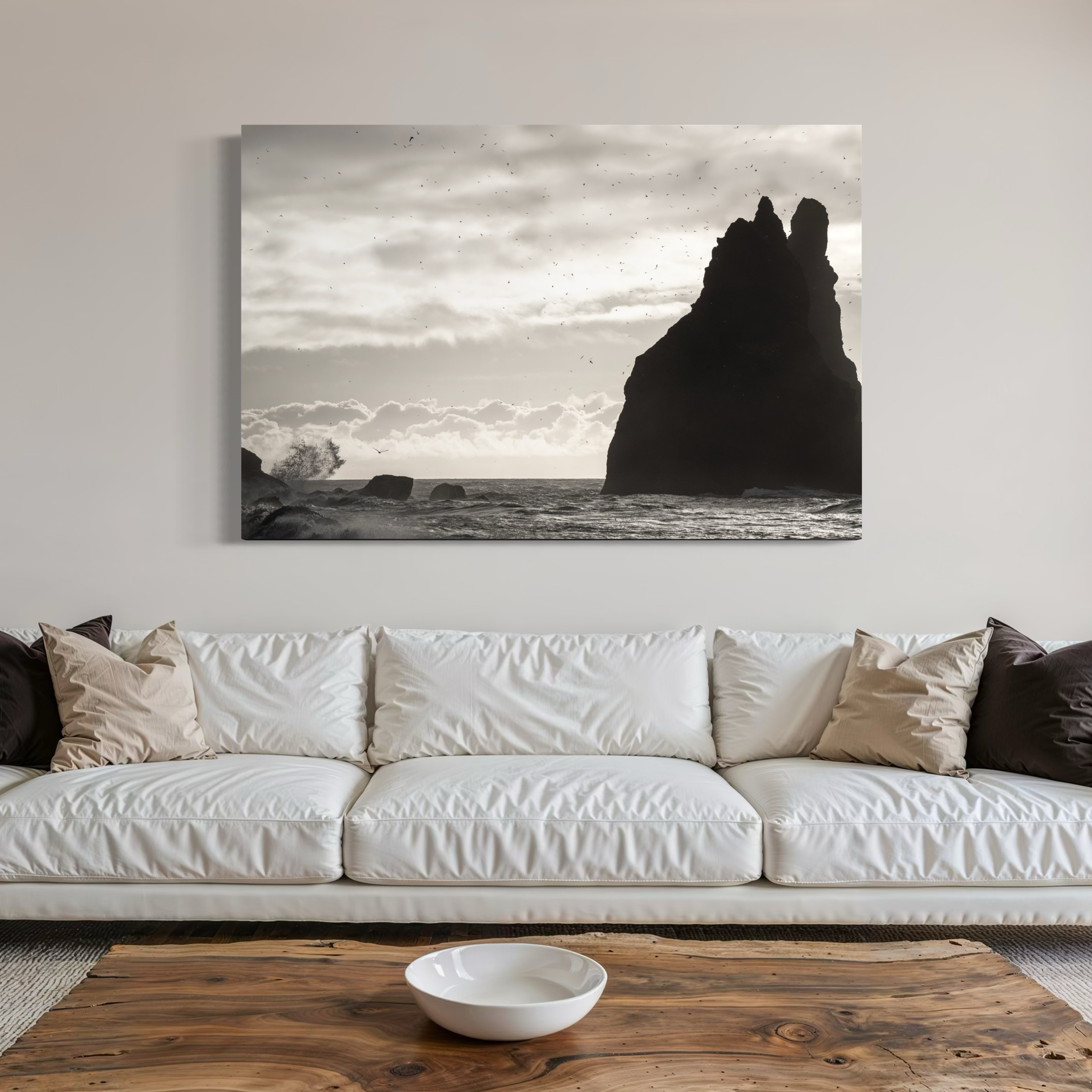 Iceland coastal wall decor stretched canvas print soft wave patterns and earthy tones ideal for natural inspired interiors