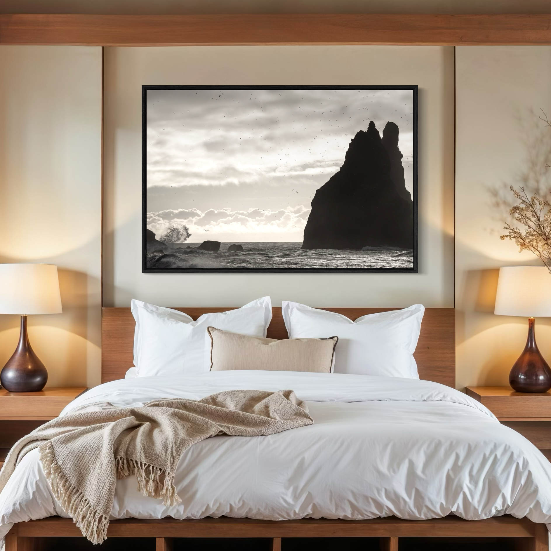 Coastal wall art in rustic interior framed canvas print Iceland ocean waves with natural textures and organic tones