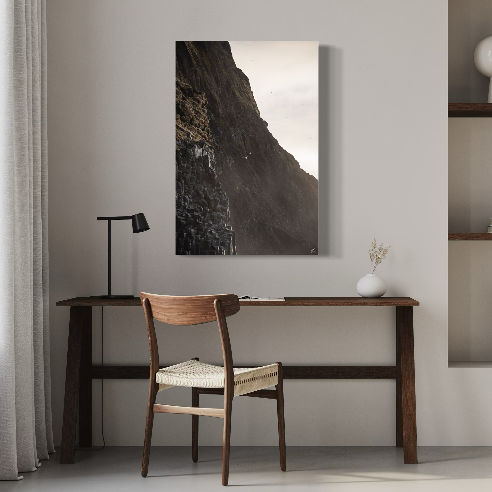 Minimalist bird wall decor stretched canvas print Iceland coastal scene soft sky tones modern home styling