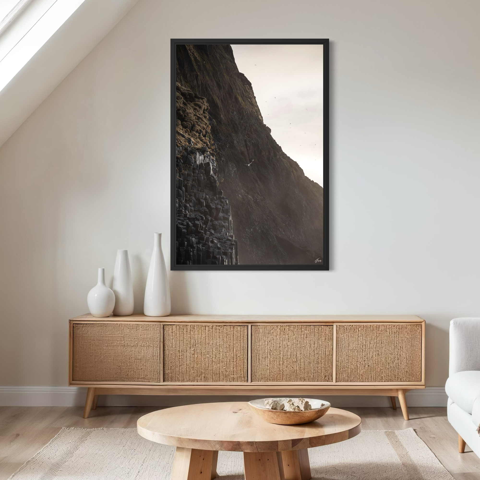 Bird flight wall art in modern interior framed canvas print minimalist coastal decor light and airy design