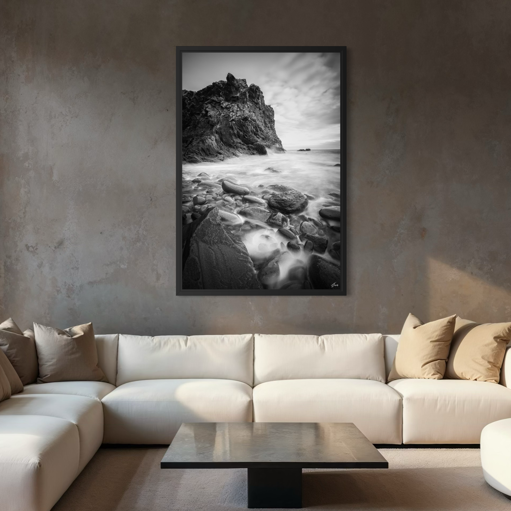 Coastal wall art in modern living room framed canvas print Iceland tidal landscape with abstract textures and clean design