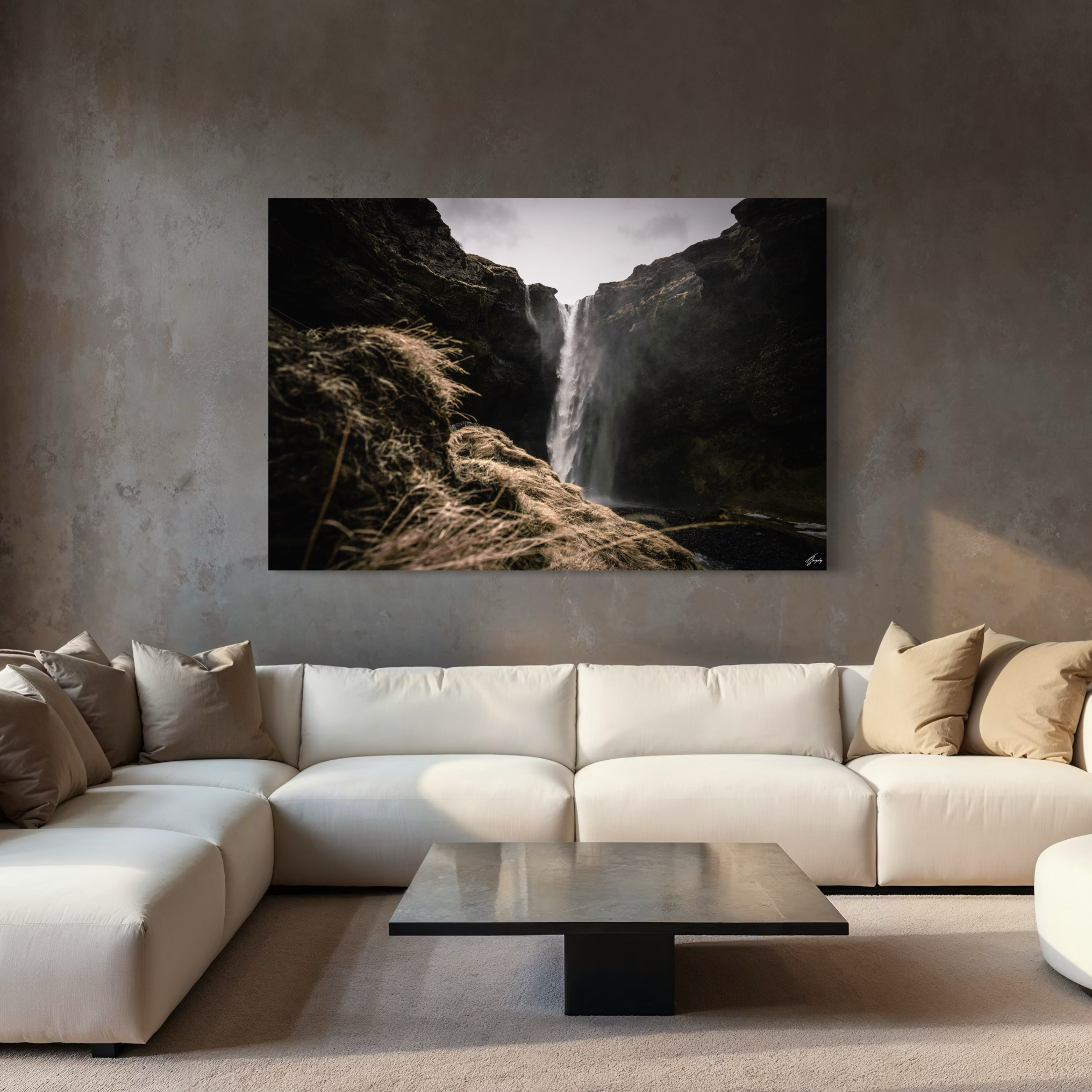 Waterfall wall decor stretched canvas print Iceland landscape with strong flowing water movement modern styling
